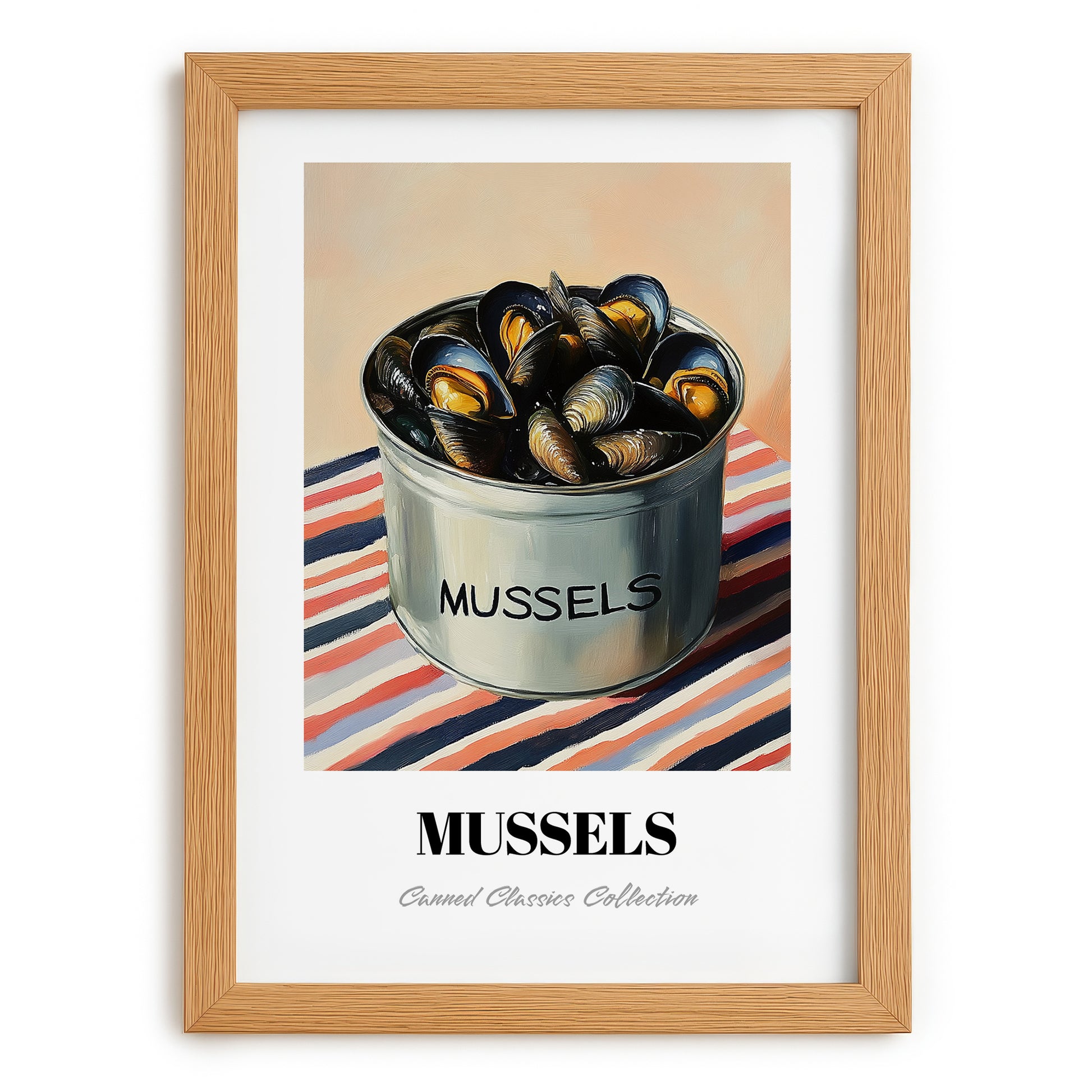 Mussels – on Striped Tablecloth, Canned Food Art, set in oak frame