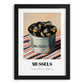 Mussels – on Striped Tablecloth, Canned Food Art, in sleek black frame