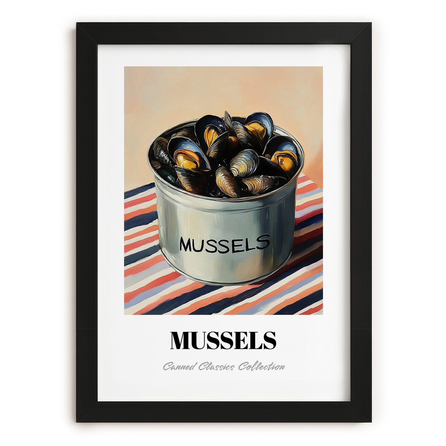Mussels – on Striped Tablecloth, Canned Food Art, in sleek black frame