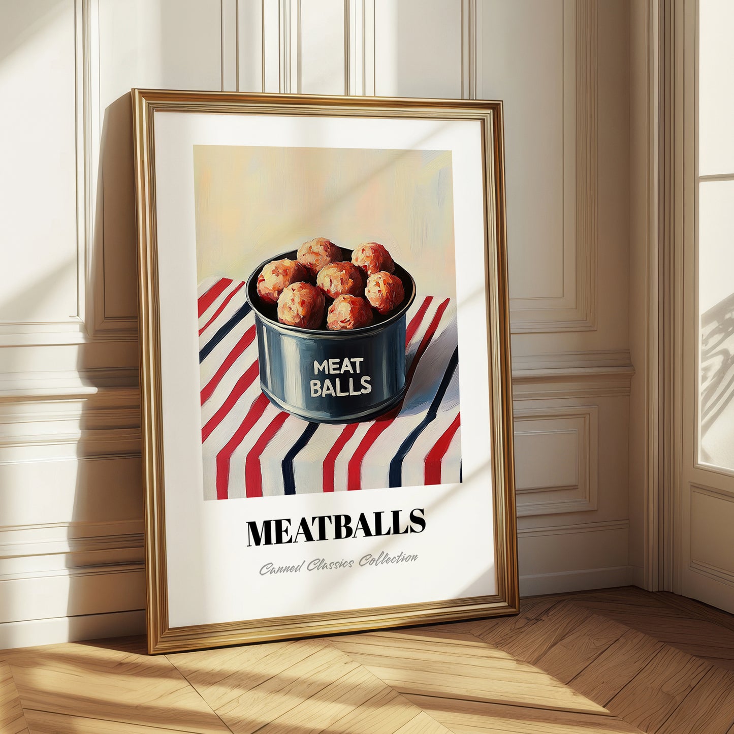 Meatballs – on Striped Tablecloth, Canned Food Poster
