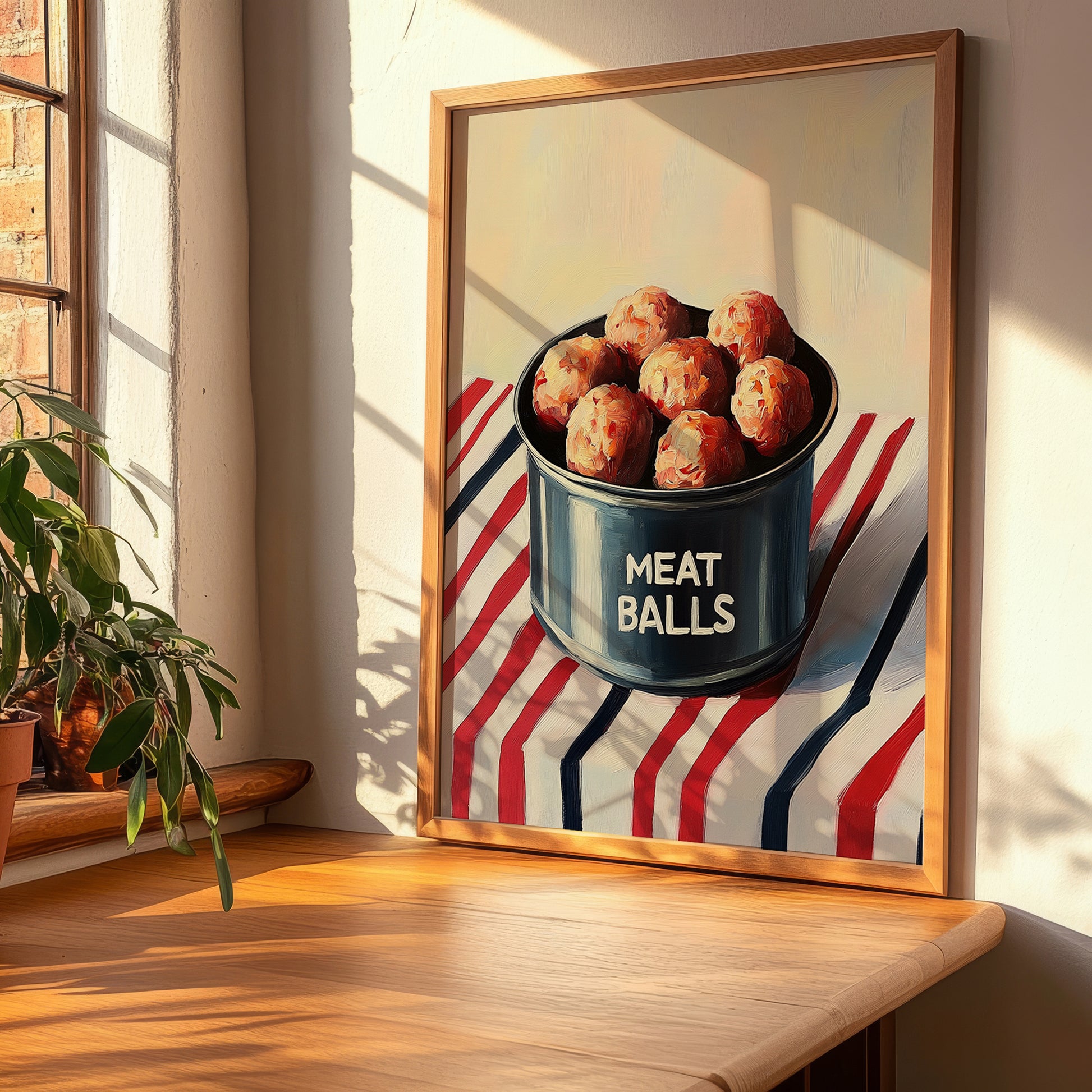 Meatballs – on Striped Tablecloth, Canned Food Poster, clean layout with no caption
