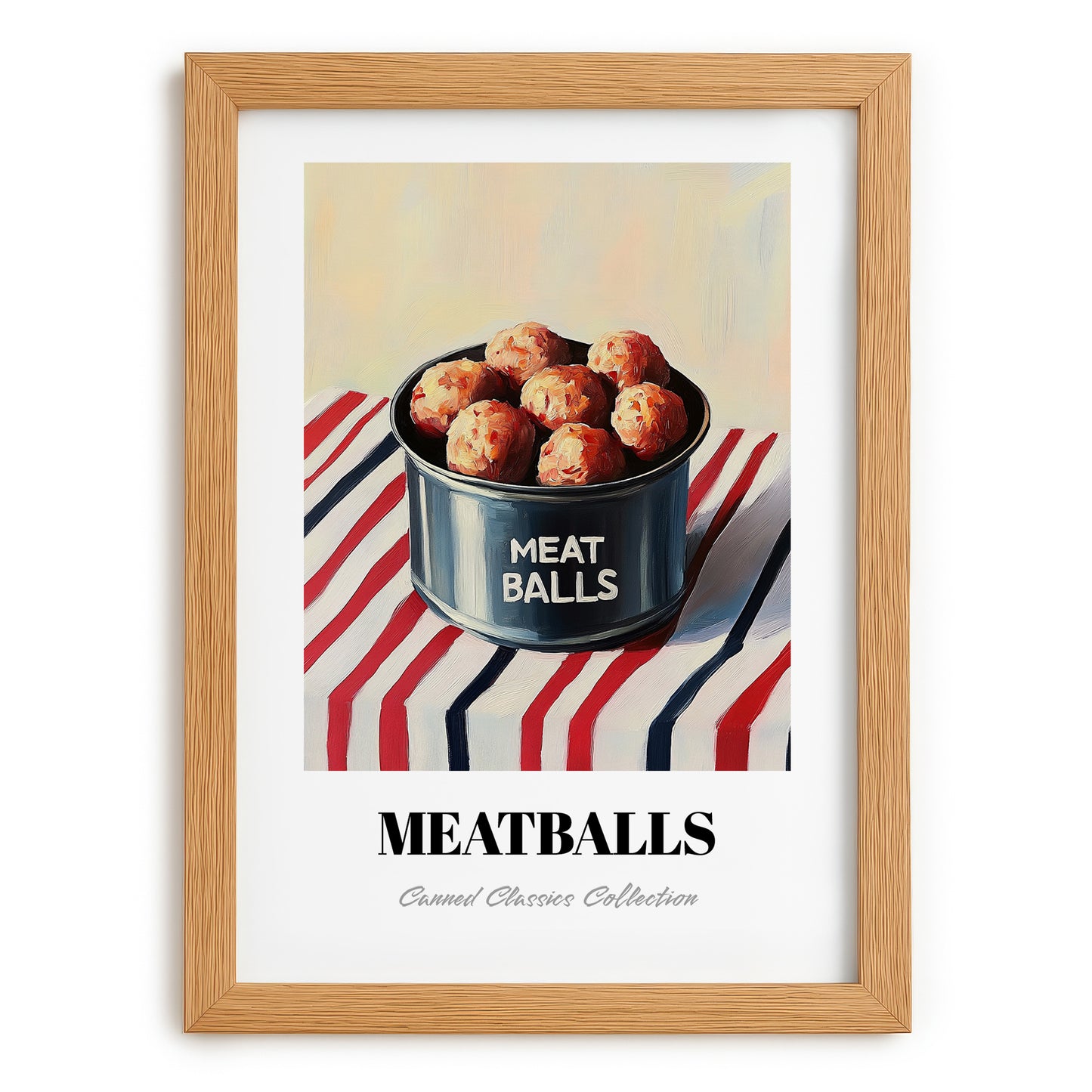 Meatballs – on Striped Tablecloth, Canned Food Poster, set in oak frame
