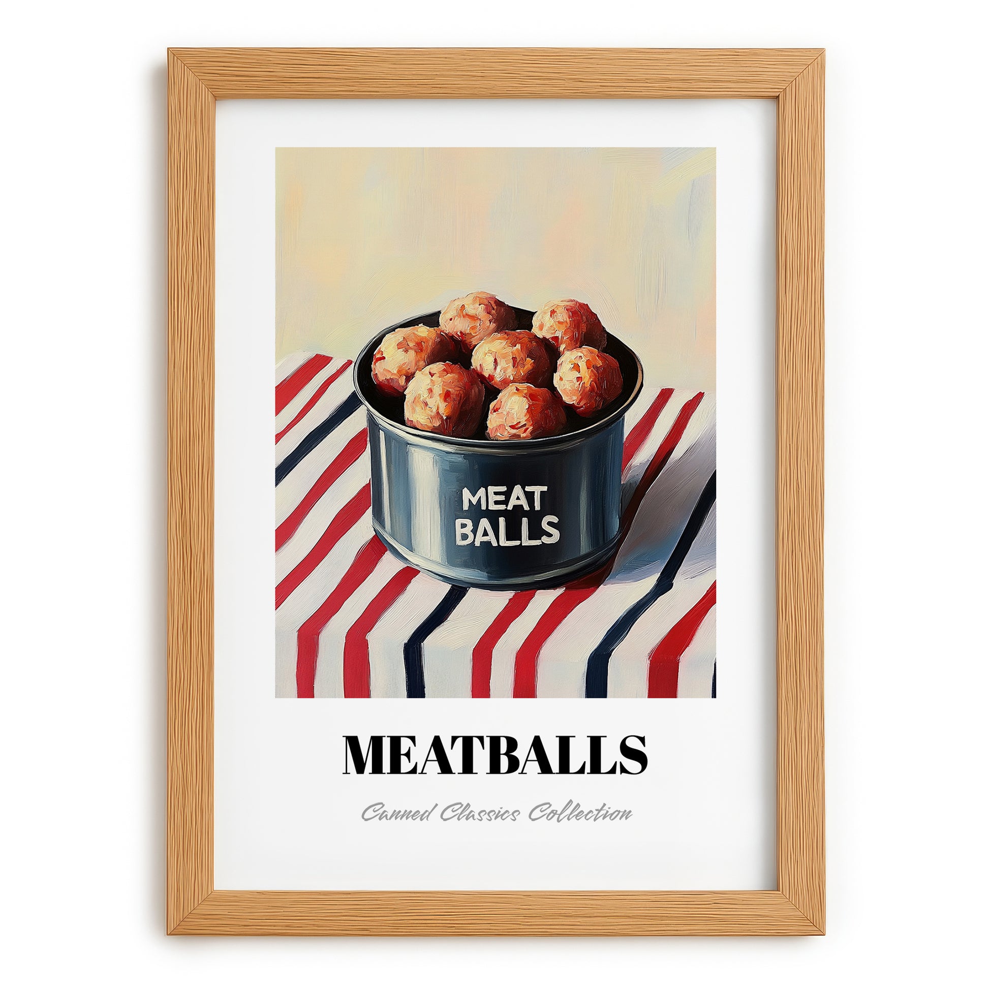 Meatballs – on Striped Tablecloth, Canned Food Poster, set in oak frame
