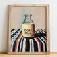 Goat Milk – on Striped Tablecloth, Dairy Art, no-text version framed in wood