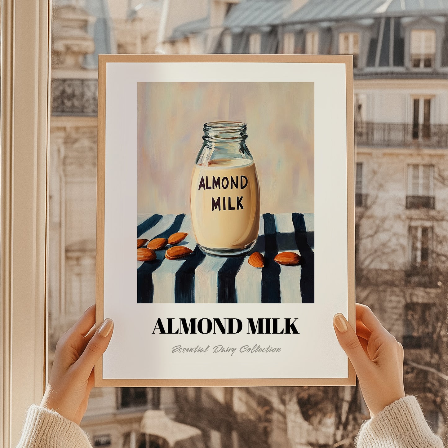 Almond Milk – on Striped Tablecloth, Dairy Painting, styled in a charming Paris street view