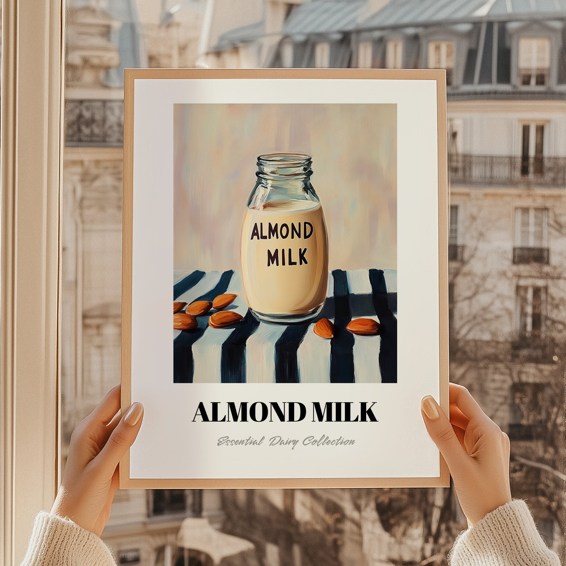 Almond Milk – on Striped Tablecloth, Dairy Painting, styled in a charming Paris street view
