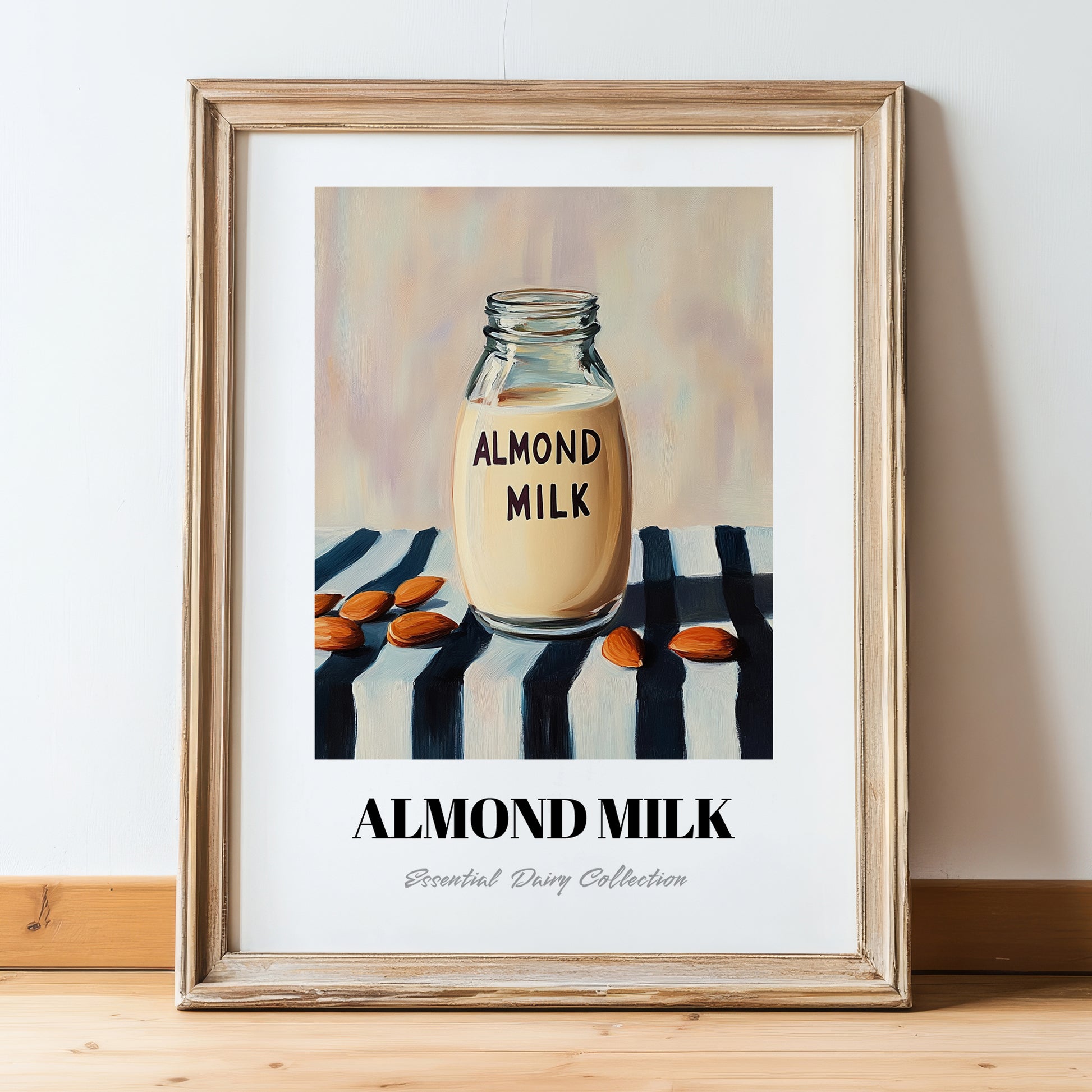 Almond Milk – on Striped Tablecloth, Dairy Painting, in wooden frame leaning on the floor