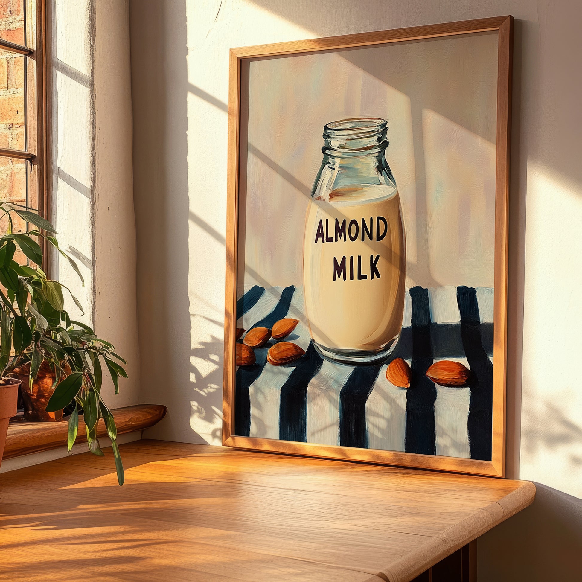 Almond Milk – on Striped Tablecloth, Dairy Painting, clean layout with no caption