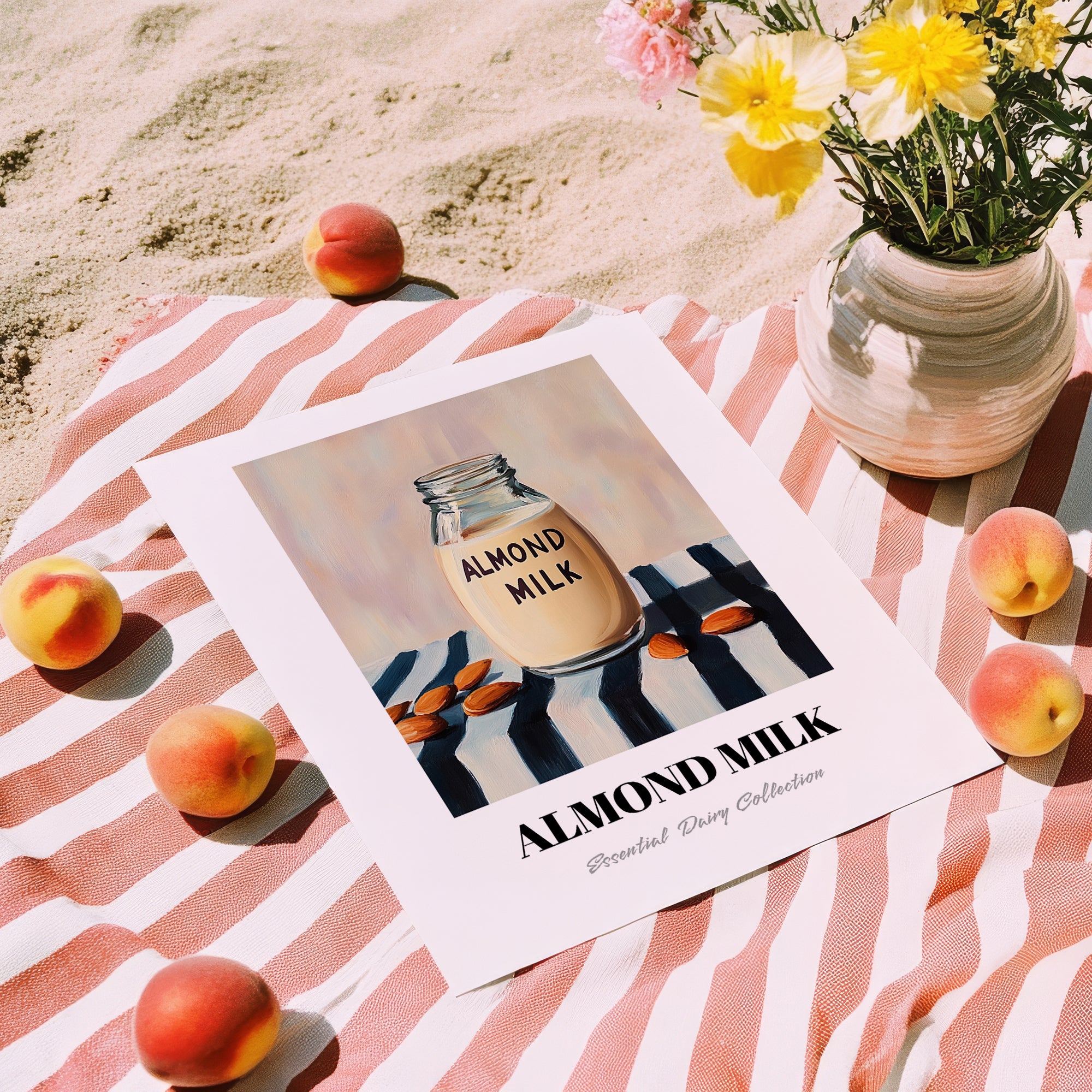 Almond Milk – on Striped Tablecloth, Dairy Painting, unframed on coastal sand