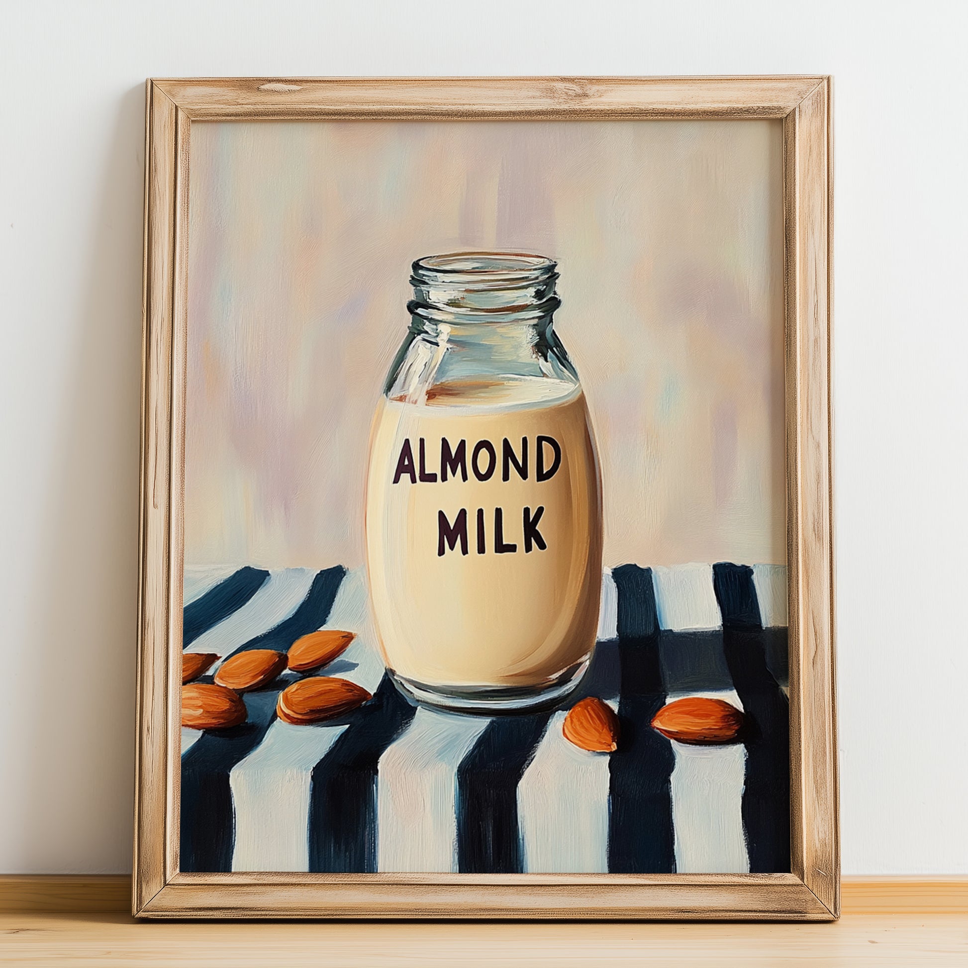 Almond Milk – on Striped Tablecloth, Dairy Painting, no-text version framed in wood