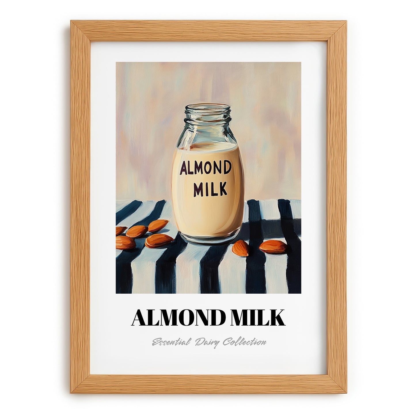 Almond Milk – on Striped Tablecloth, Dairy Painting, set in oak frame