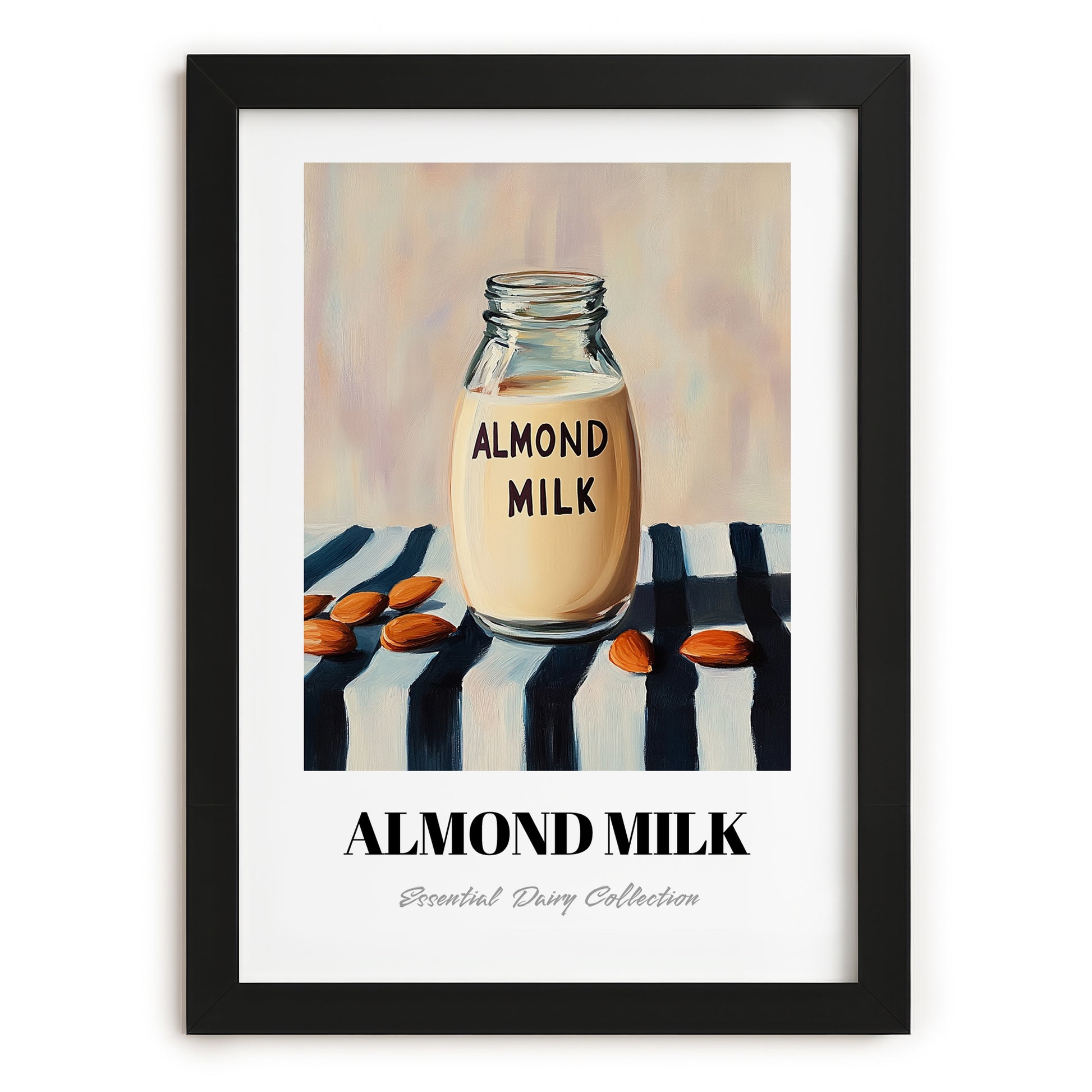 Almond Milk – on Striped Tablecloth, Dairy Painting, in sleek black frame