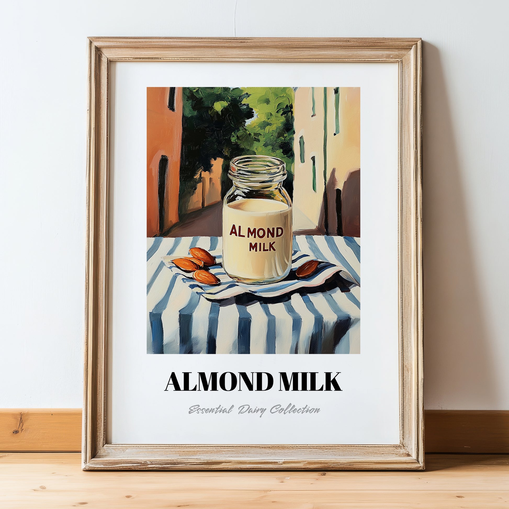 Almond Milk – Italian Outdoor Café Scene, Dairy Wall Decor, in wooden frame leaning on the floor