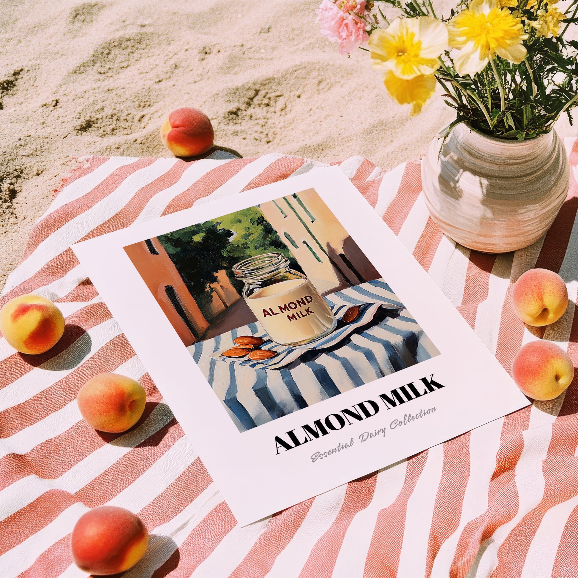 Almond Milk – Italian Outdoor Café Scene, Dairy Wall Decor, unframed on coastal sand