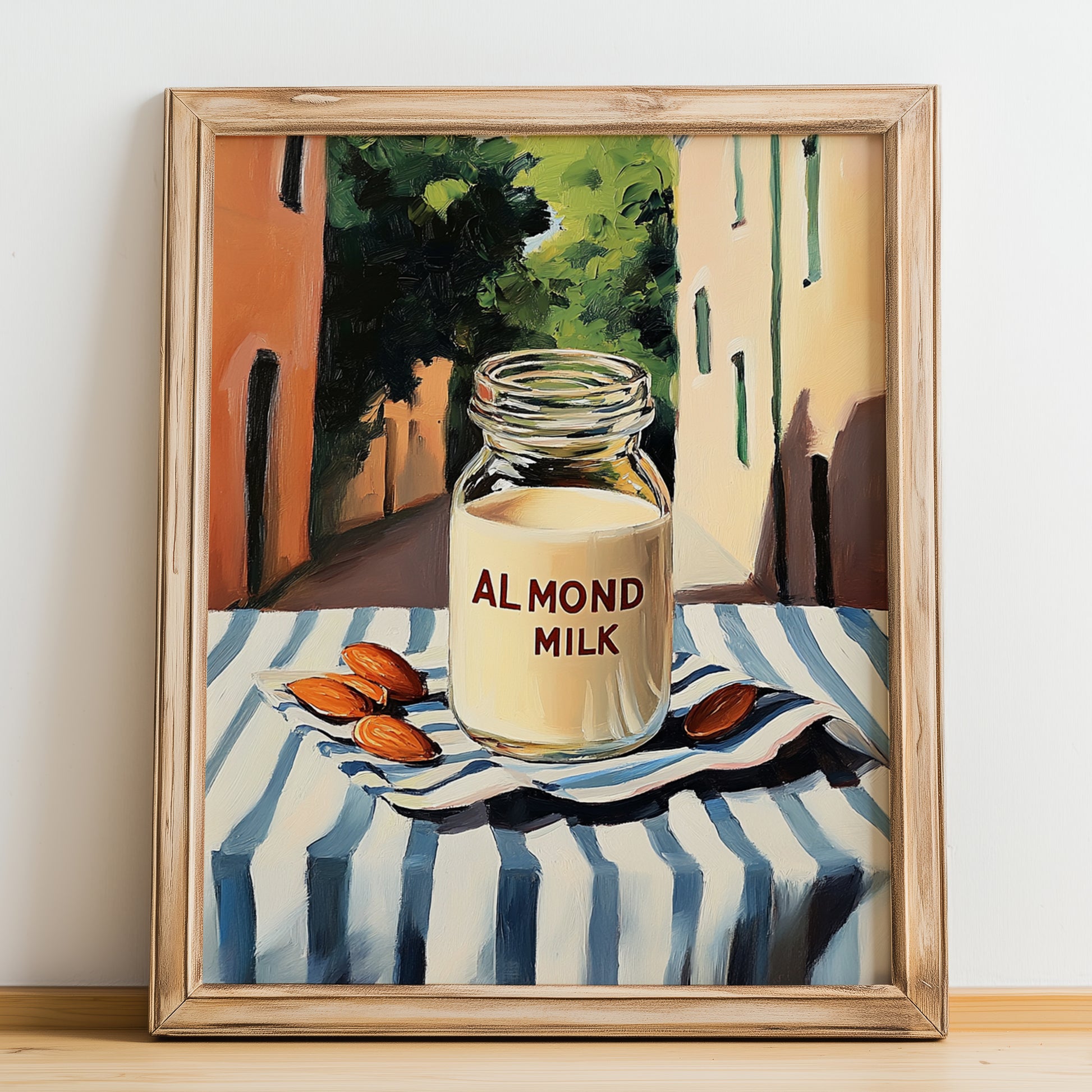 Almond Milk – Italian Outdoor Café Scene, Dairy Wall Decor, no-text version framed in wood