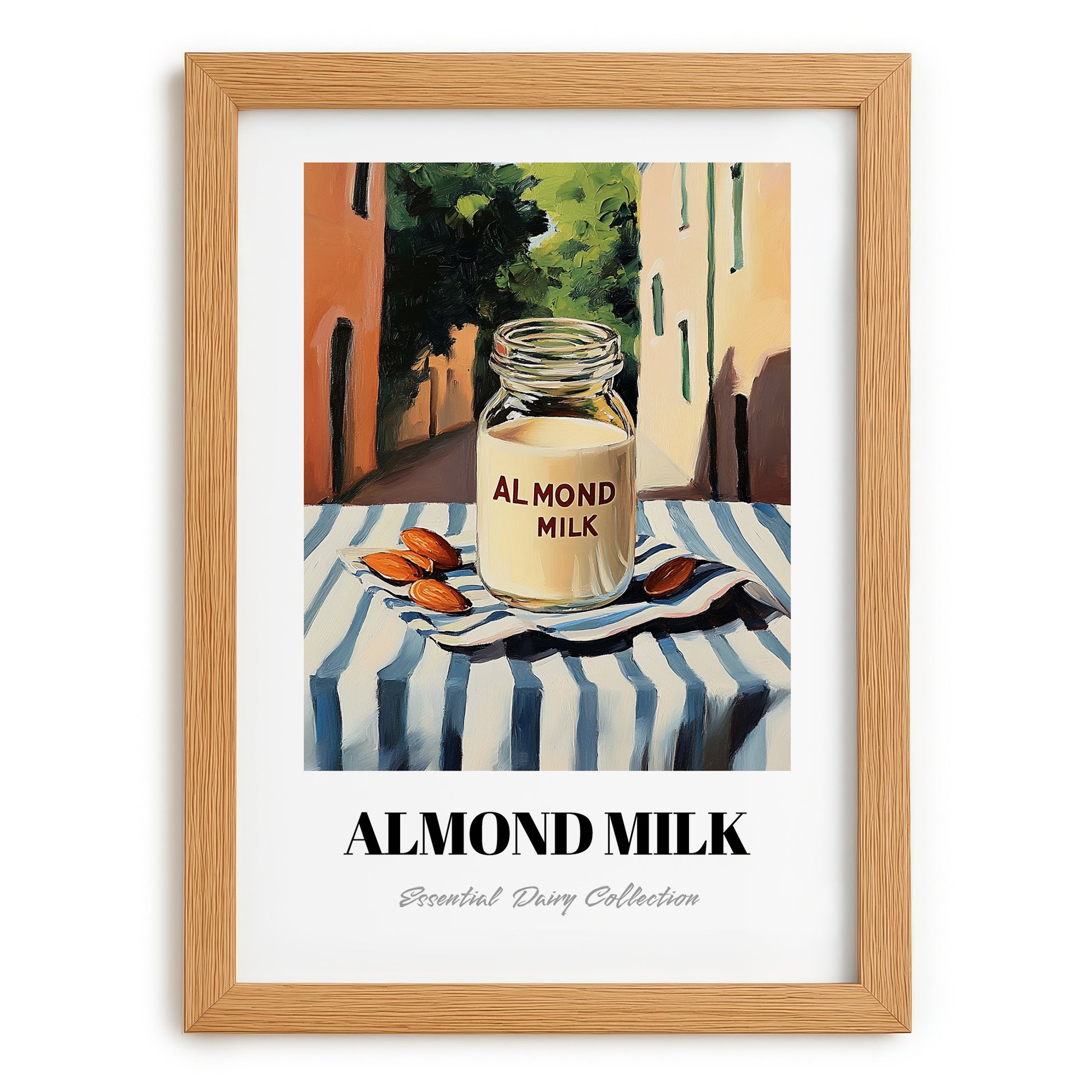 Almond Milk – Italian Outdoor Café Scene, Dairy Wall Decor, set in oak frame