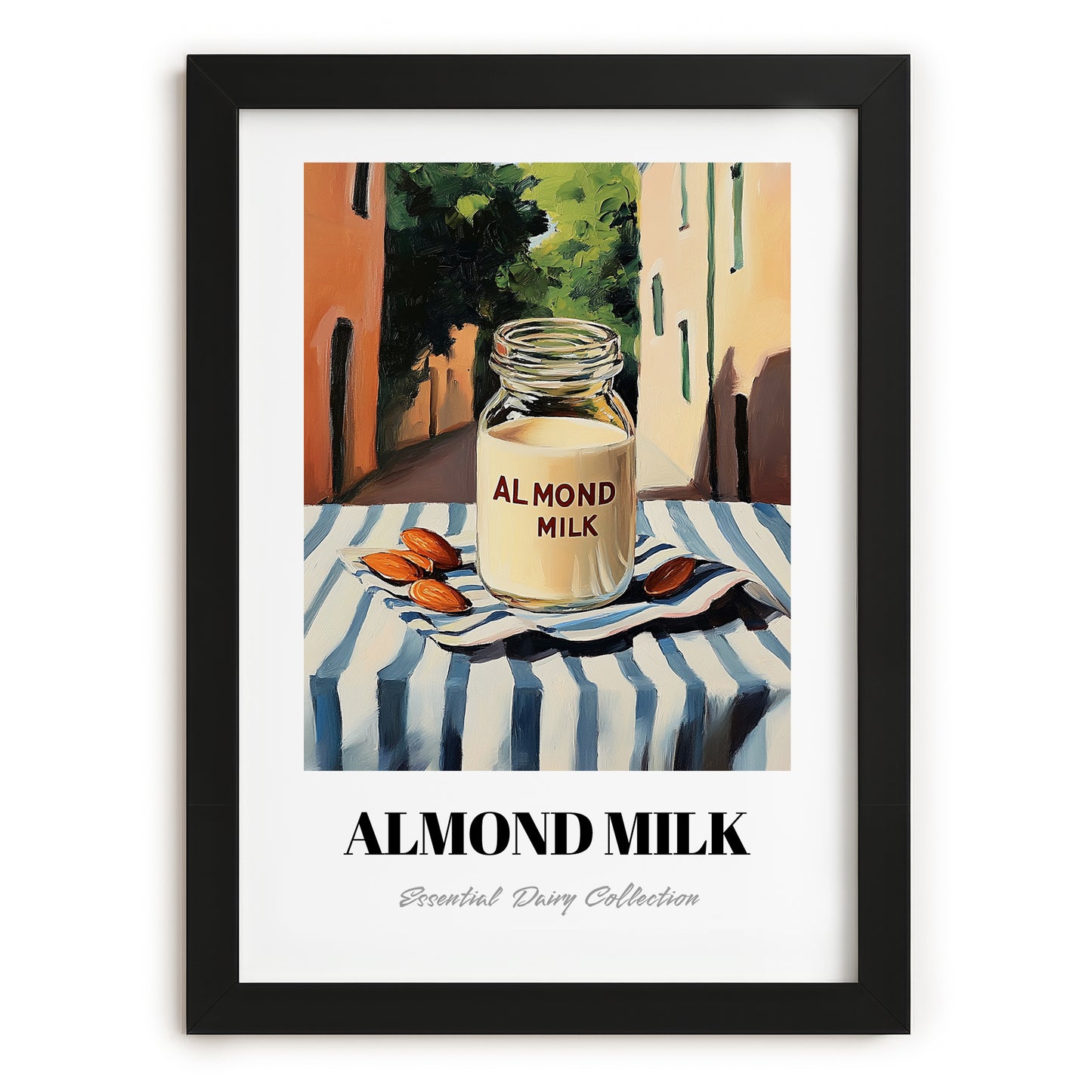 Almond Milk – Italian Outdoor Café Scene, Dairy Wall Decor, in sleek black frame