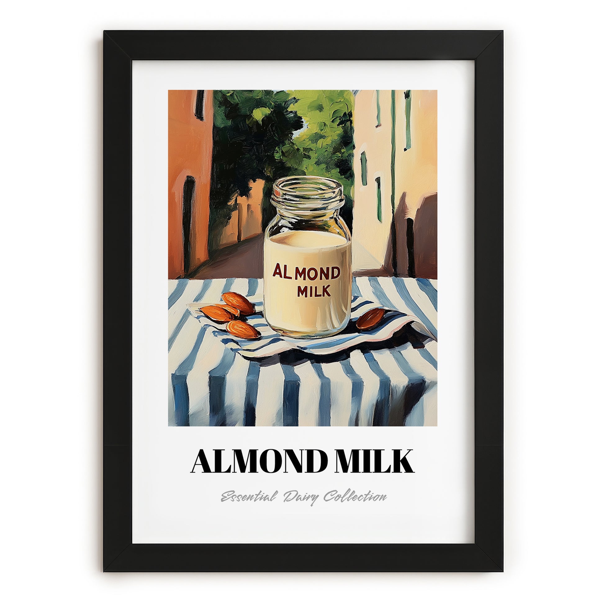 Almond Milk – Italian Outdoor Café Scene, Dairy Wall Decor, in sleek black frame