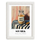 Soy Milk – on Striped Tablecloth, Dairy Wall Poster, placed in minimal white frame