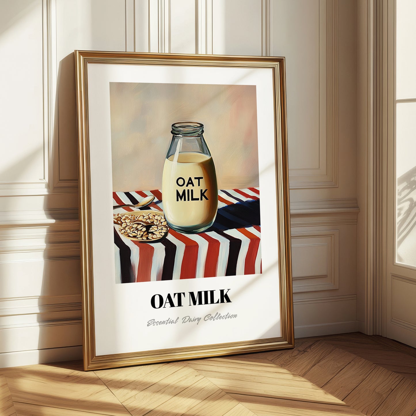 Oat Milk – on Striped Tablecloth, Dairy Poster