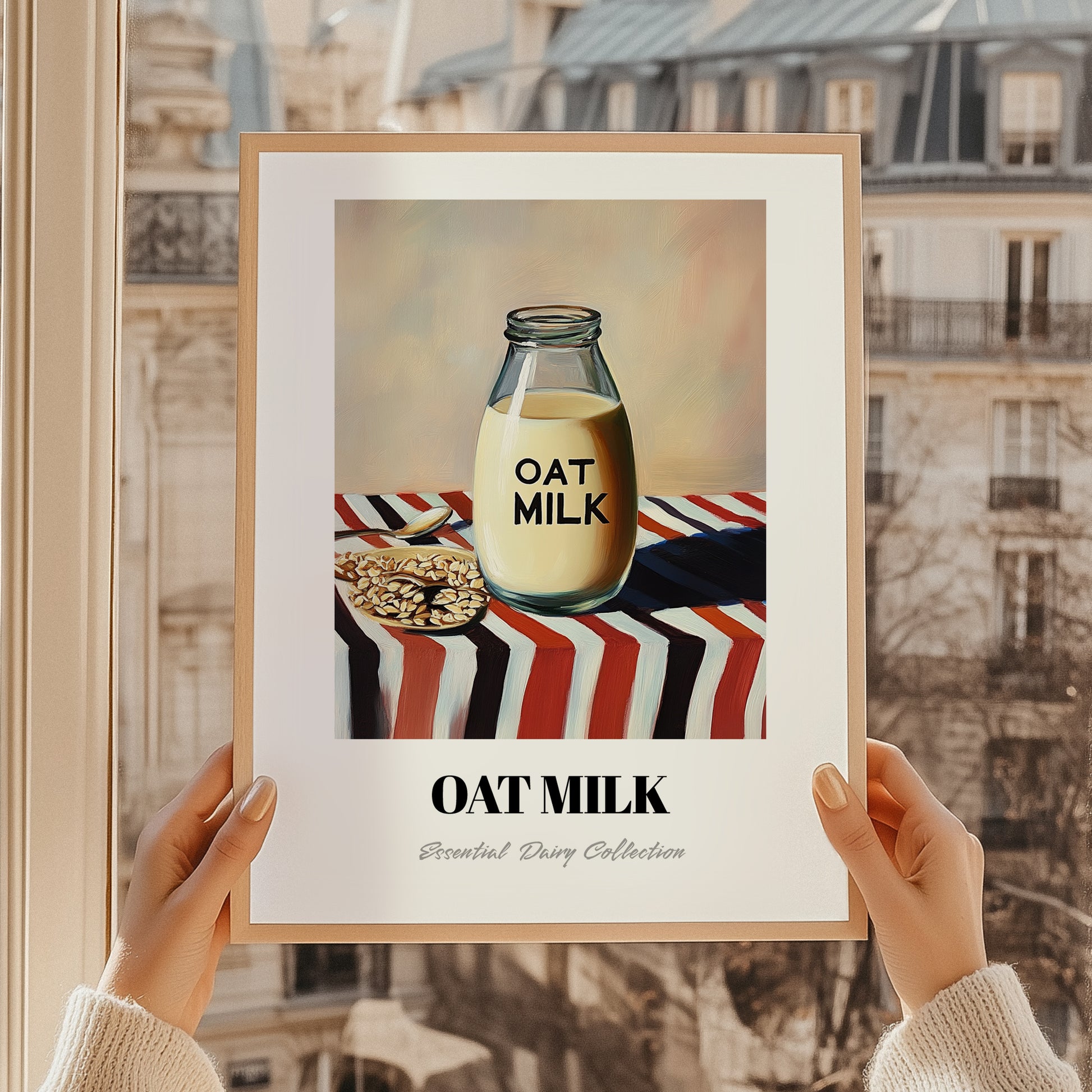 Oat Milk – on Striped Tablecloth, Dairy Poster, styled in a charming Paris street view