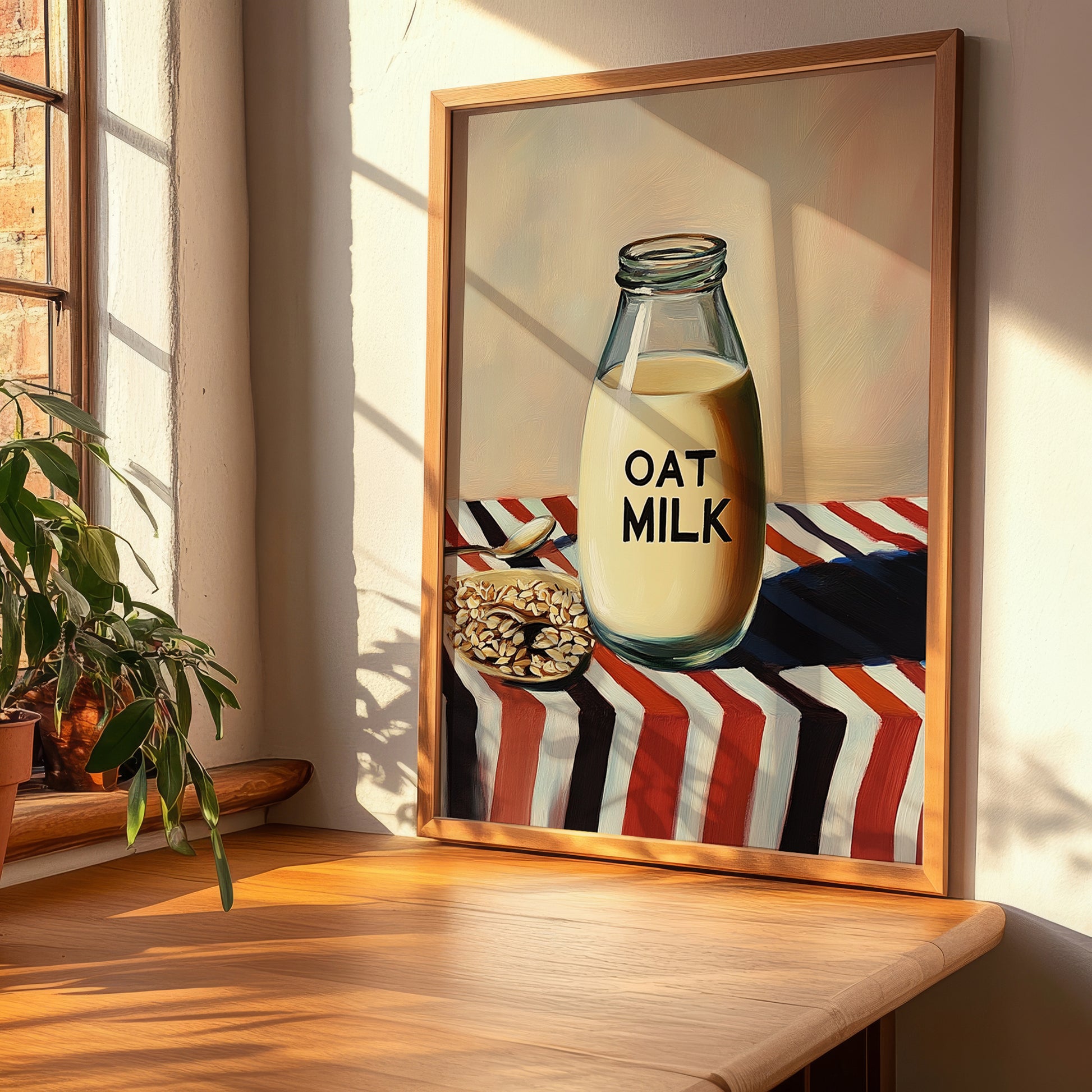 Oat Milk – on Striped Tablecloth, Dairy Poster, clean layout with no caption