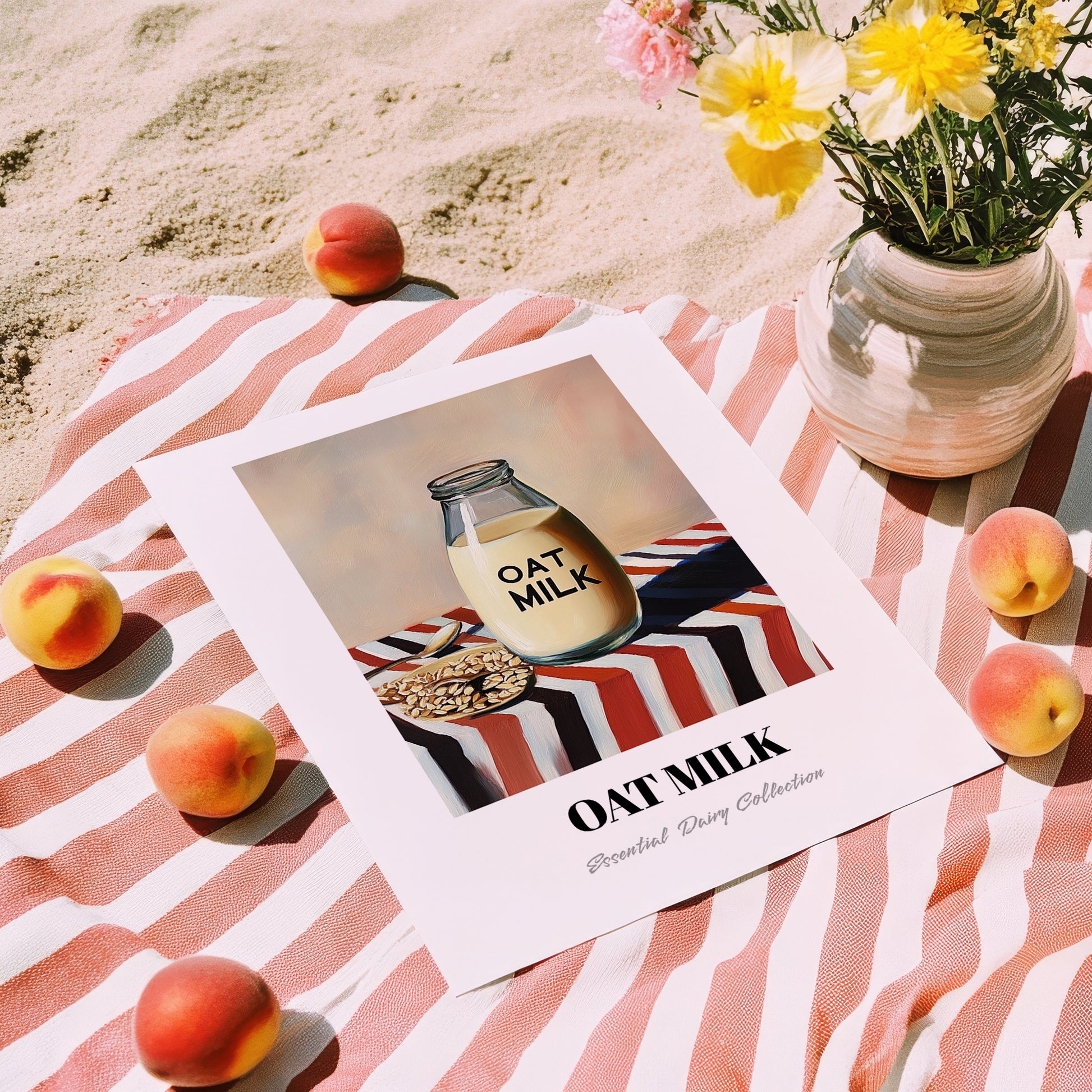 Oat Milk – on Striped Tablecloth, Dairy Poster, unframed on coastal sand