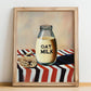 Oat Milk – on Striped Tablecloth, Dairy Poster, no-text version framed in wood