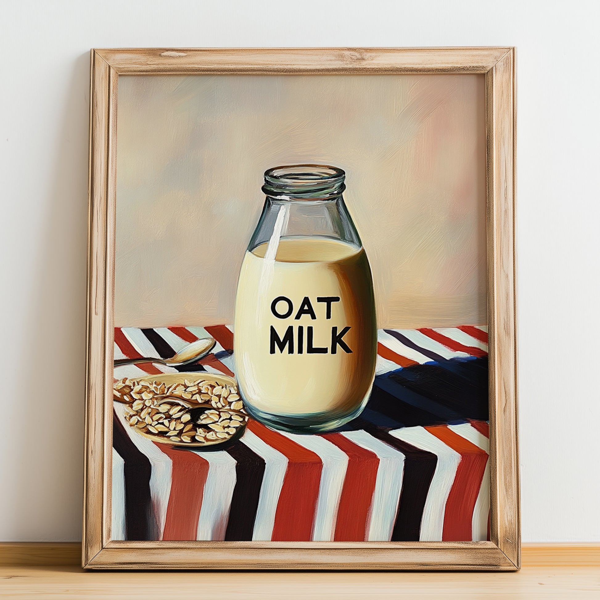 Oat Milk – on Striped Tablecloth, Dairy Poster, no-text version framed in wood