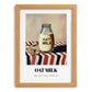 Oat Milk – on Striped Tablecloth, Dairy Poster, set in oak frame