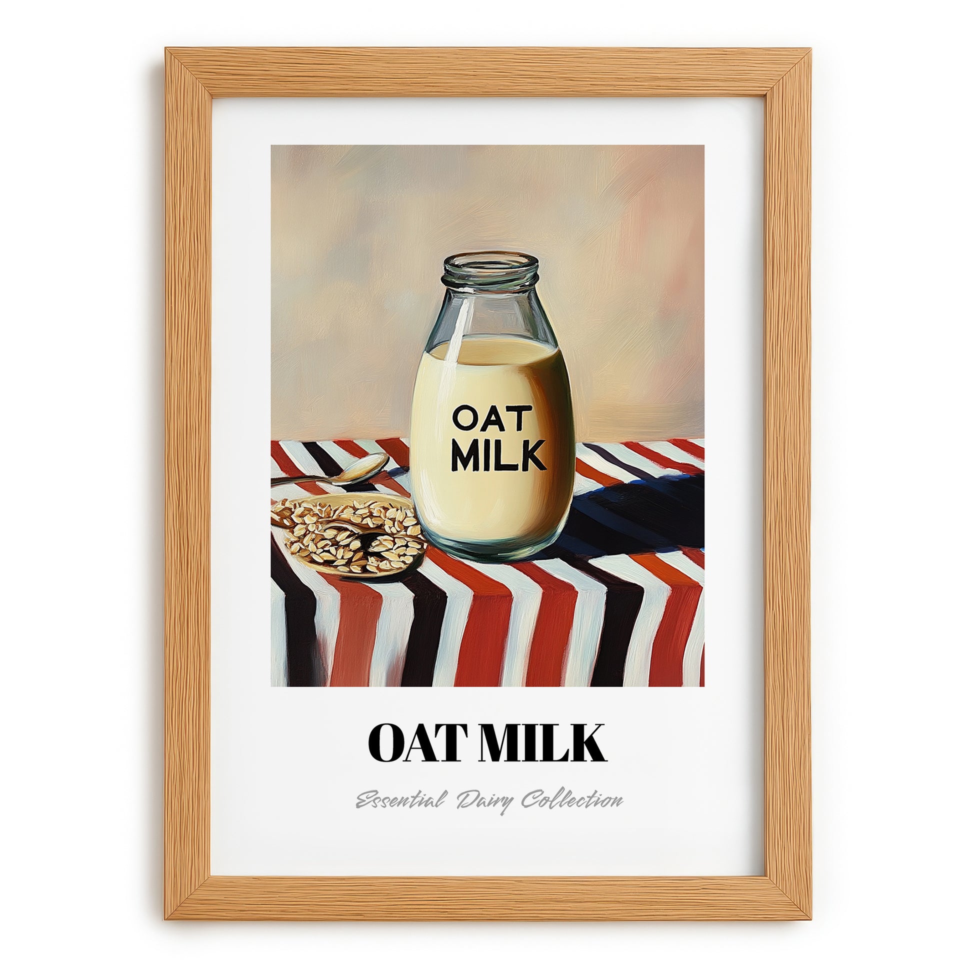 Oat Milk – on Striped Tablecloth, Dairy Poster, set in oak frame