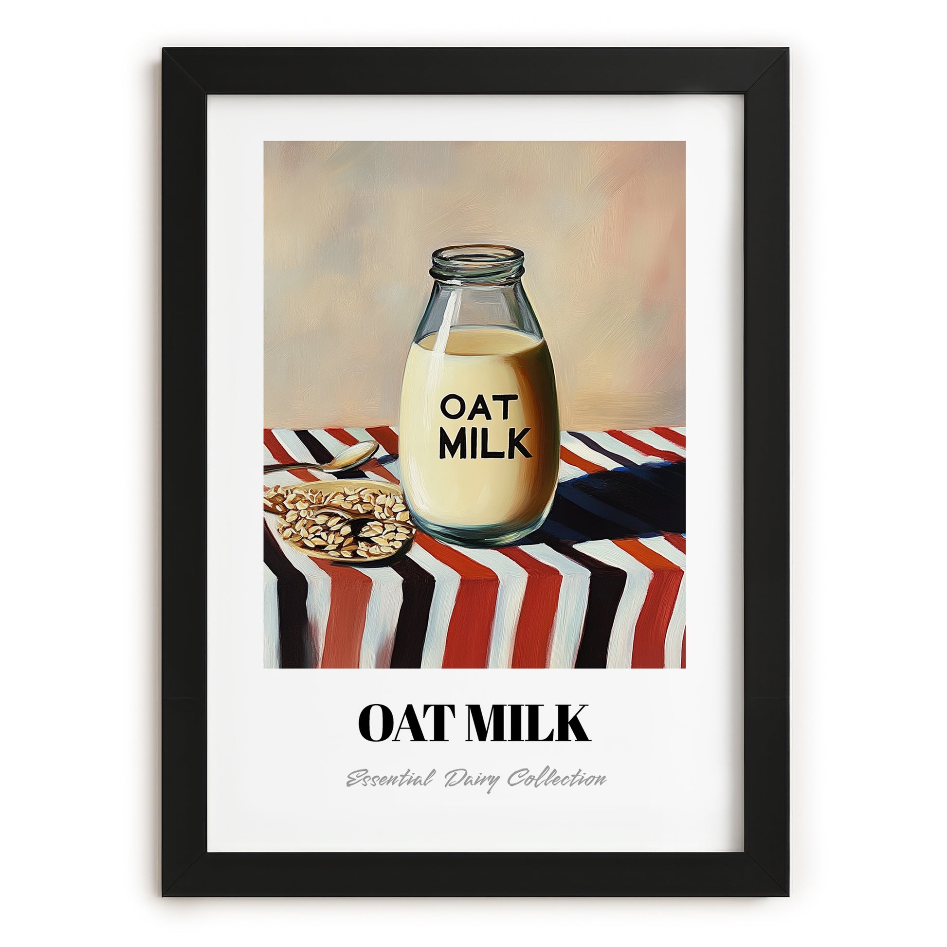 Oat Milk – on Striped Tablecloth, Dairy Poster, in sleek black frame