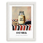Oat Milk – on Striped Tablecloth, Dairy Poster, placed in minimal white frame