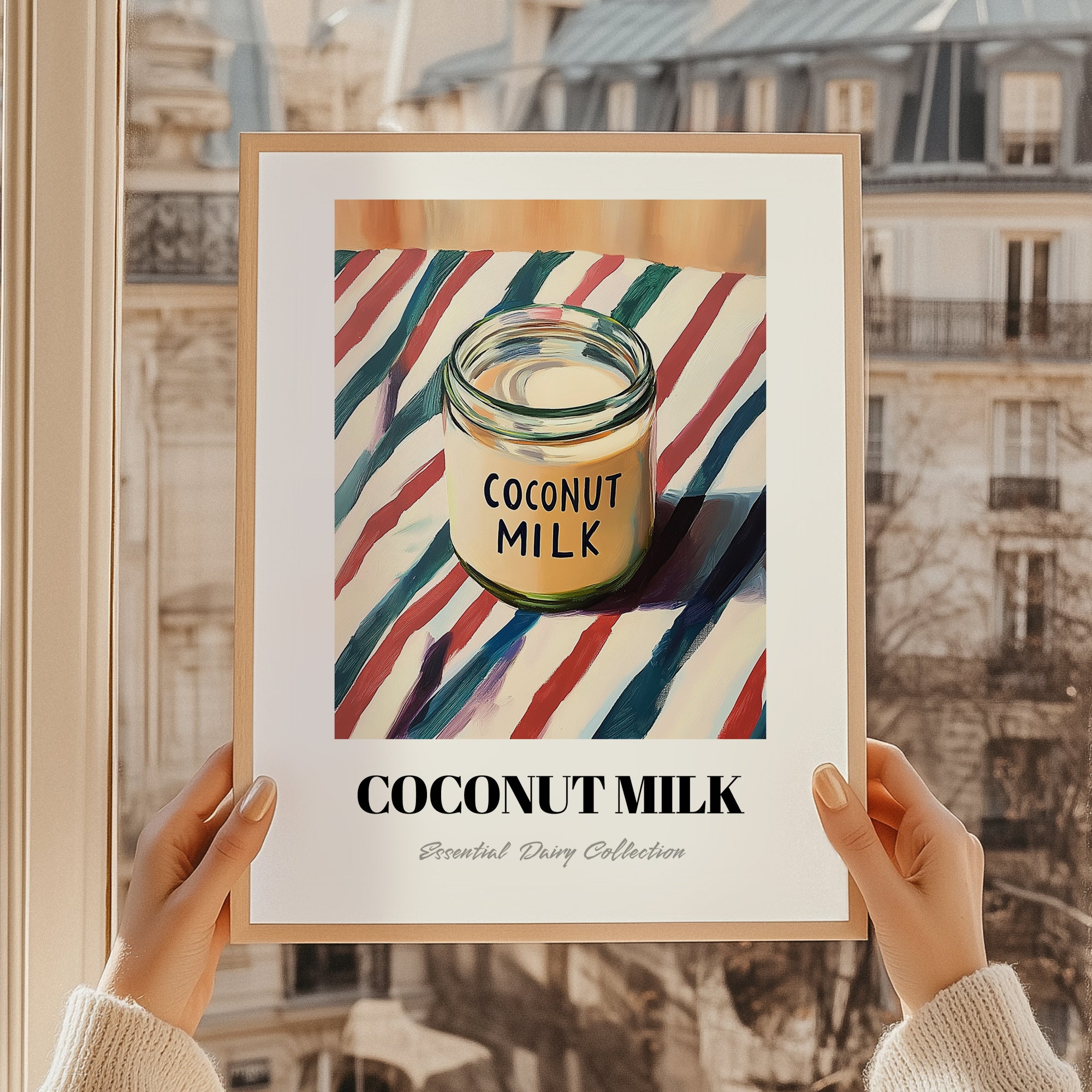 Coconut Milk – on Striped Tablecloth, Dairy Poster, styled in a charming Paris street view