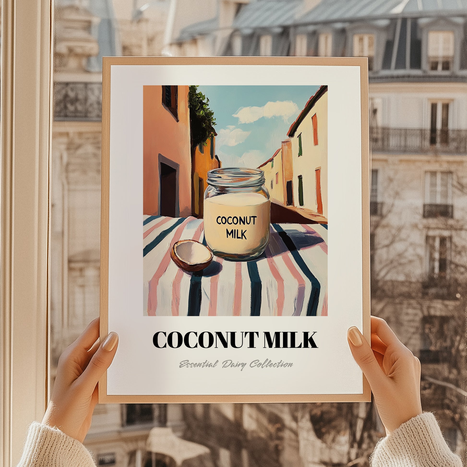 Coconut Milk – Italian Urban Café Scene, Dairy Still Life, styled in a charming Paris street view