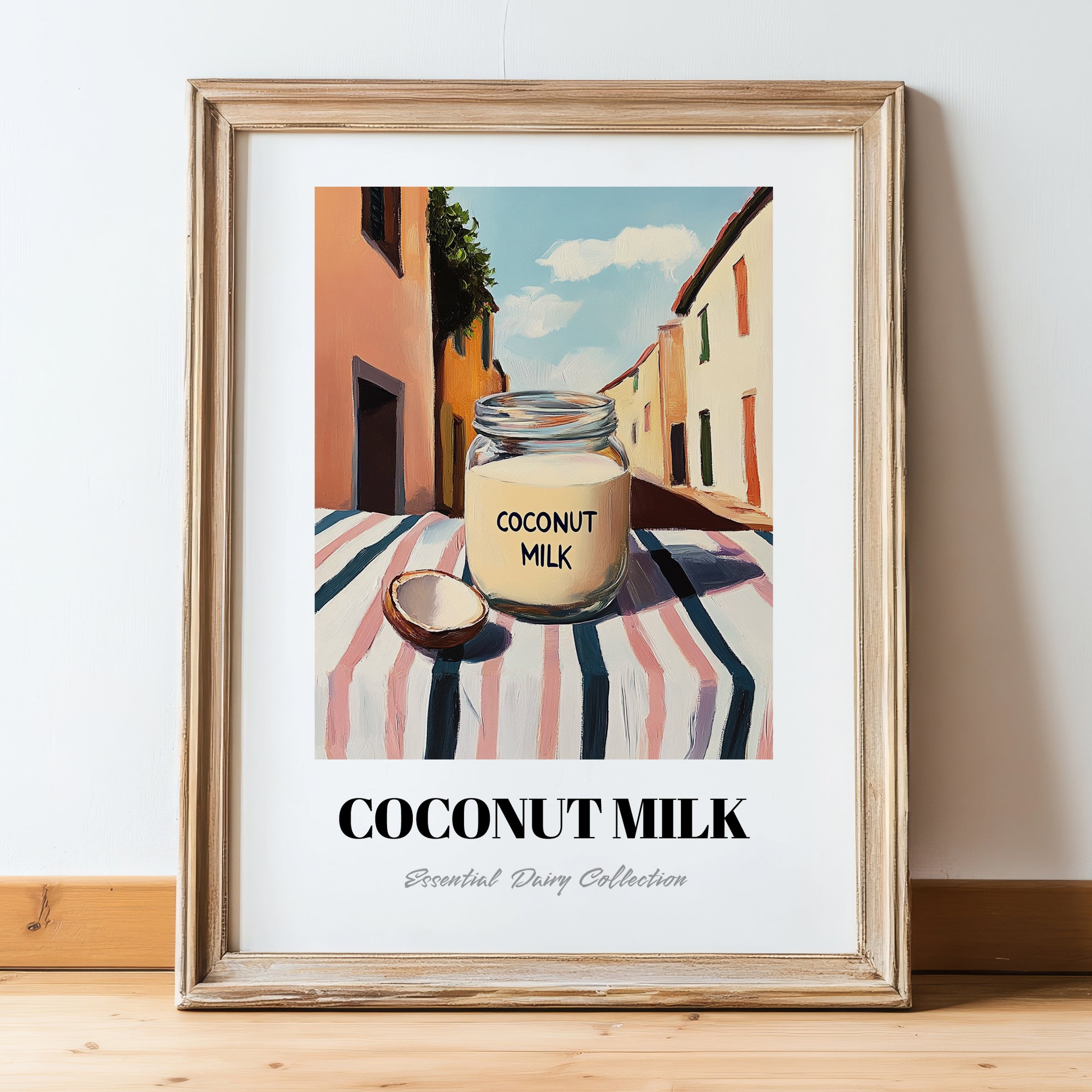 Coconut Milk – Italian Urban Café Scene, Dairy Still Life, in wooden frame leaning on the floor