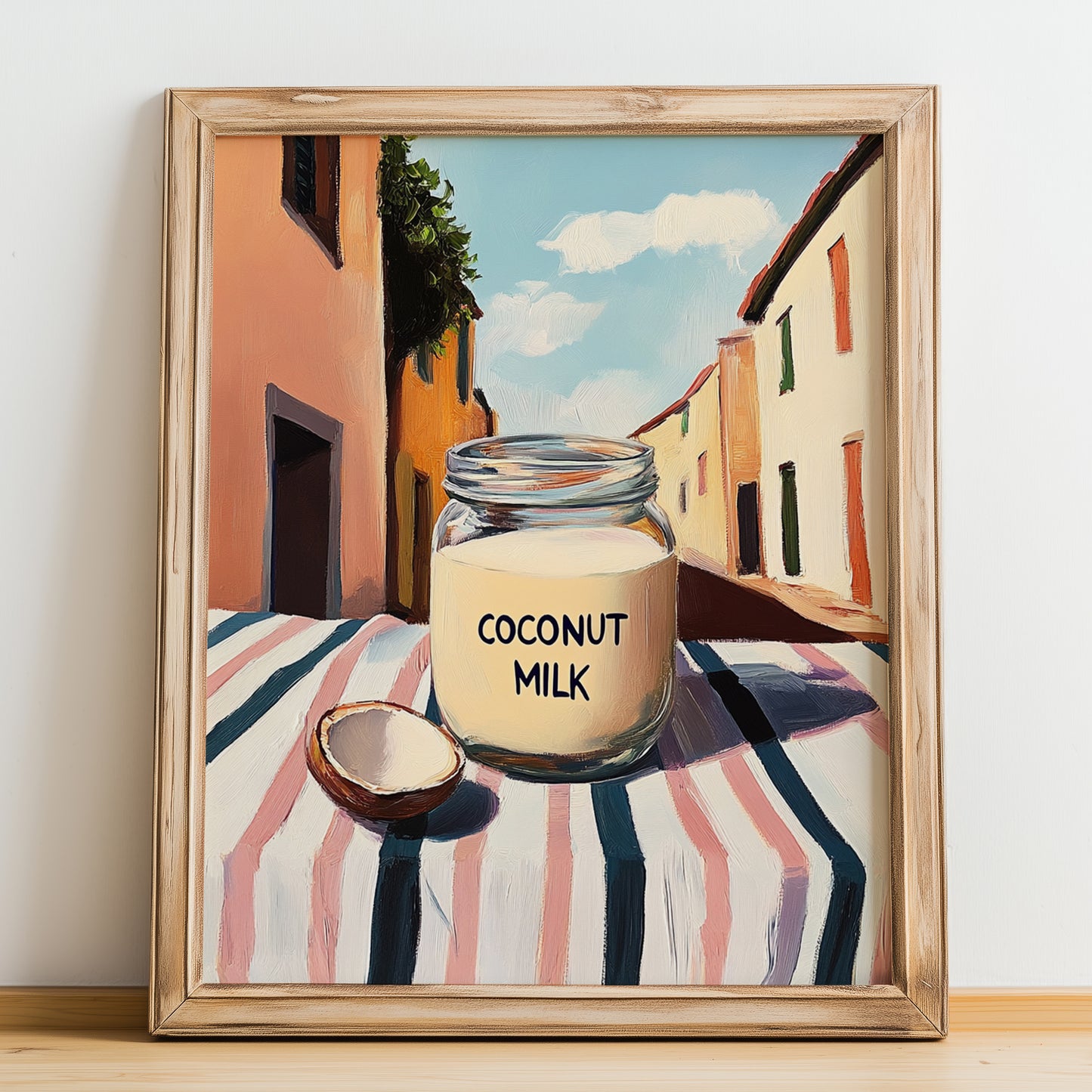 Coconut Milk – Italian Urban Café Scene, Dairy Still Life, no-text version framed in wood