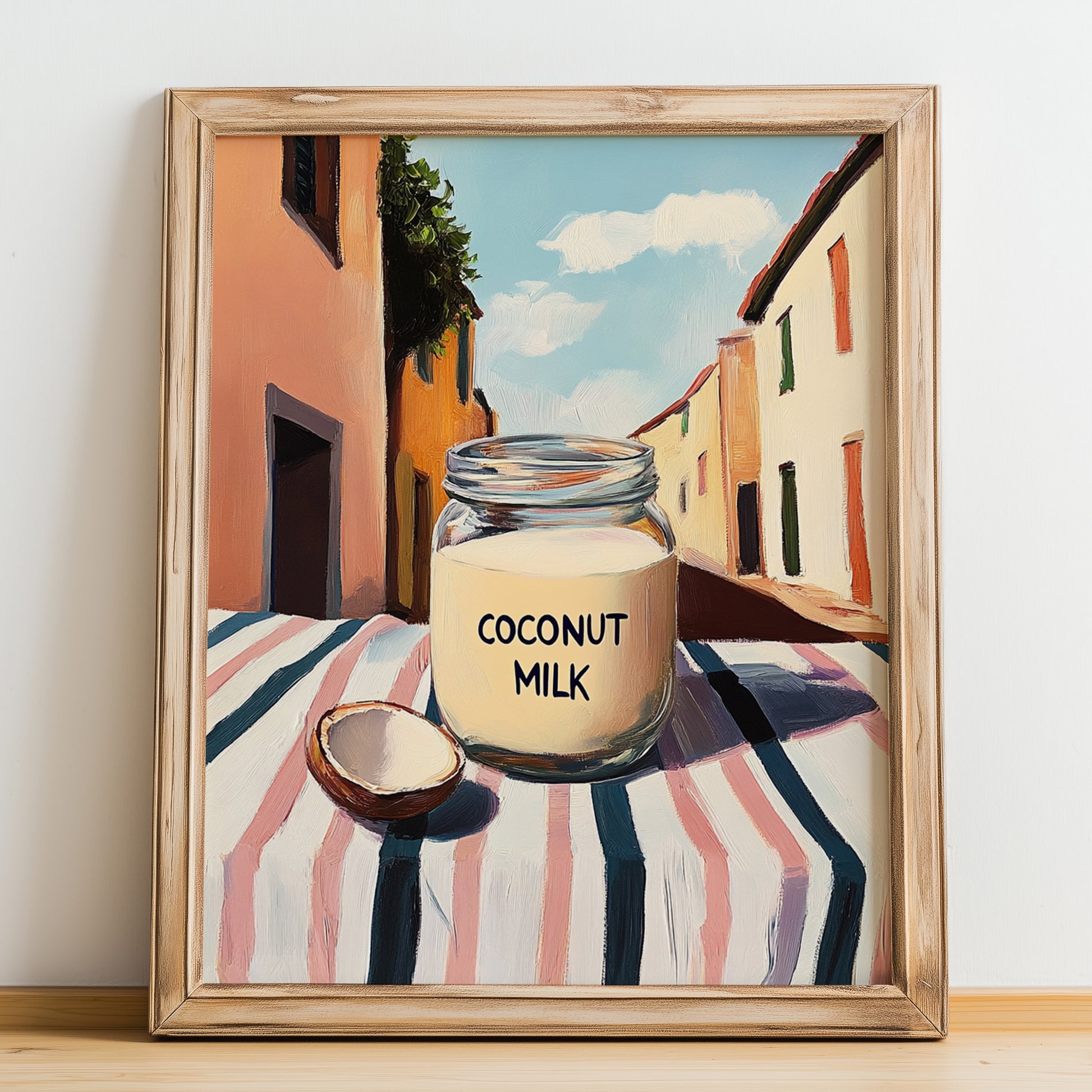 Coconut Milk – Italian Urban Café Scene, Dairy Still Life, no-text version framed in wood