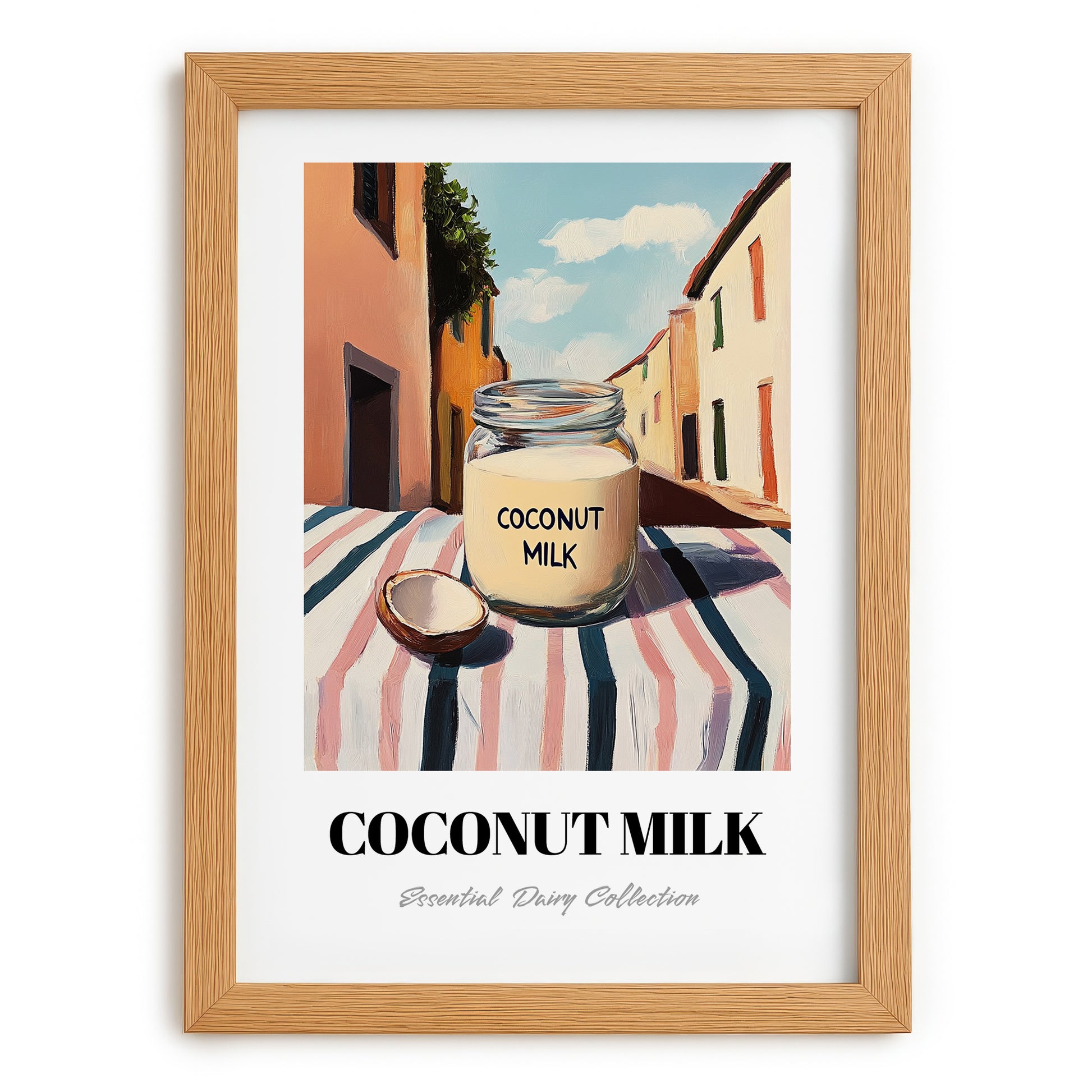 Coconut Milk – Italian Urban Café Scene, Dairy Still Life, set in oak frame
