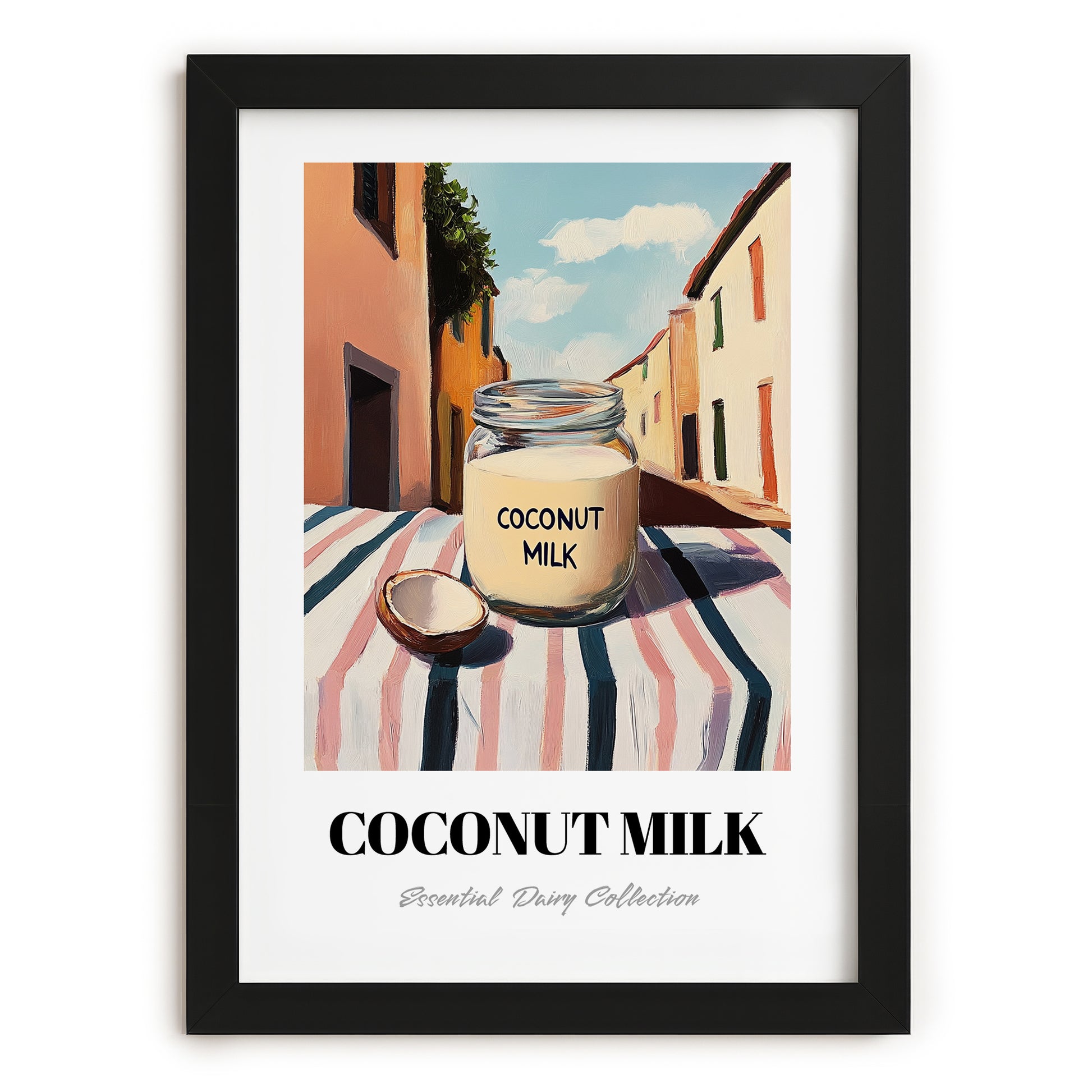 Coconut Milk – Italian Urban Café Scene, Dairy Still Life, in sleek black frame