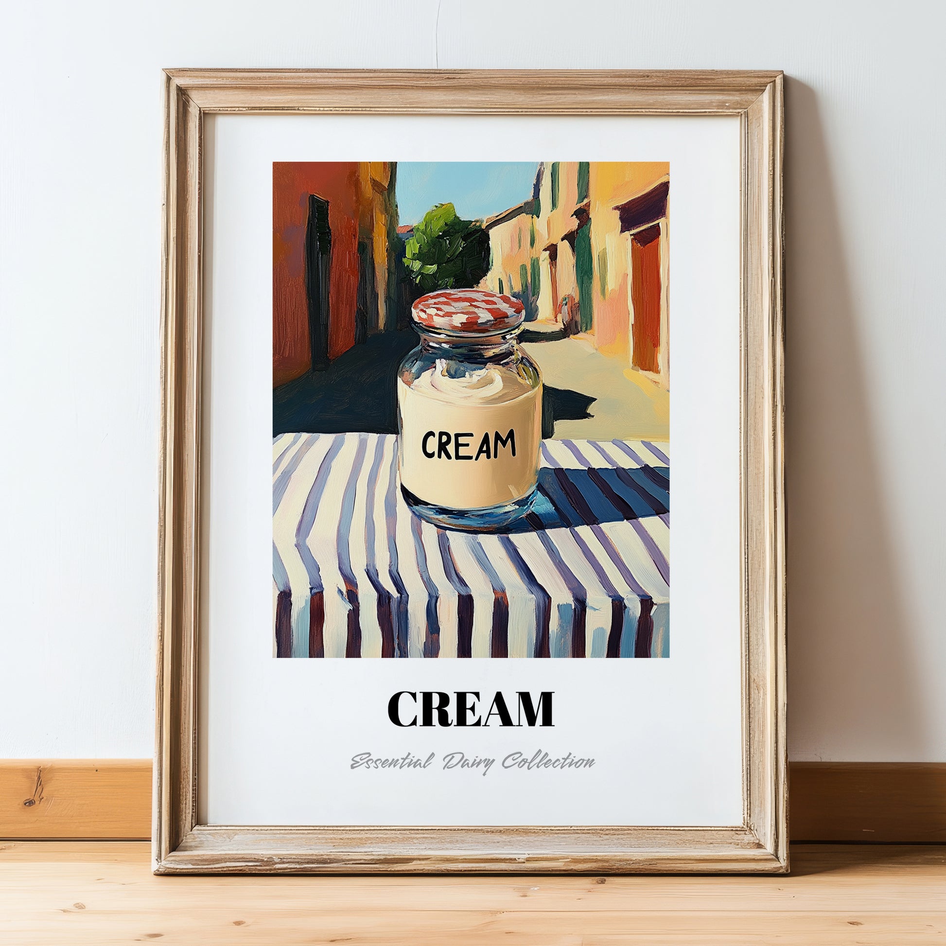 Cream – Italian Urban Café Scene, Dairy Still Life, in wooden frame leaning on the floor