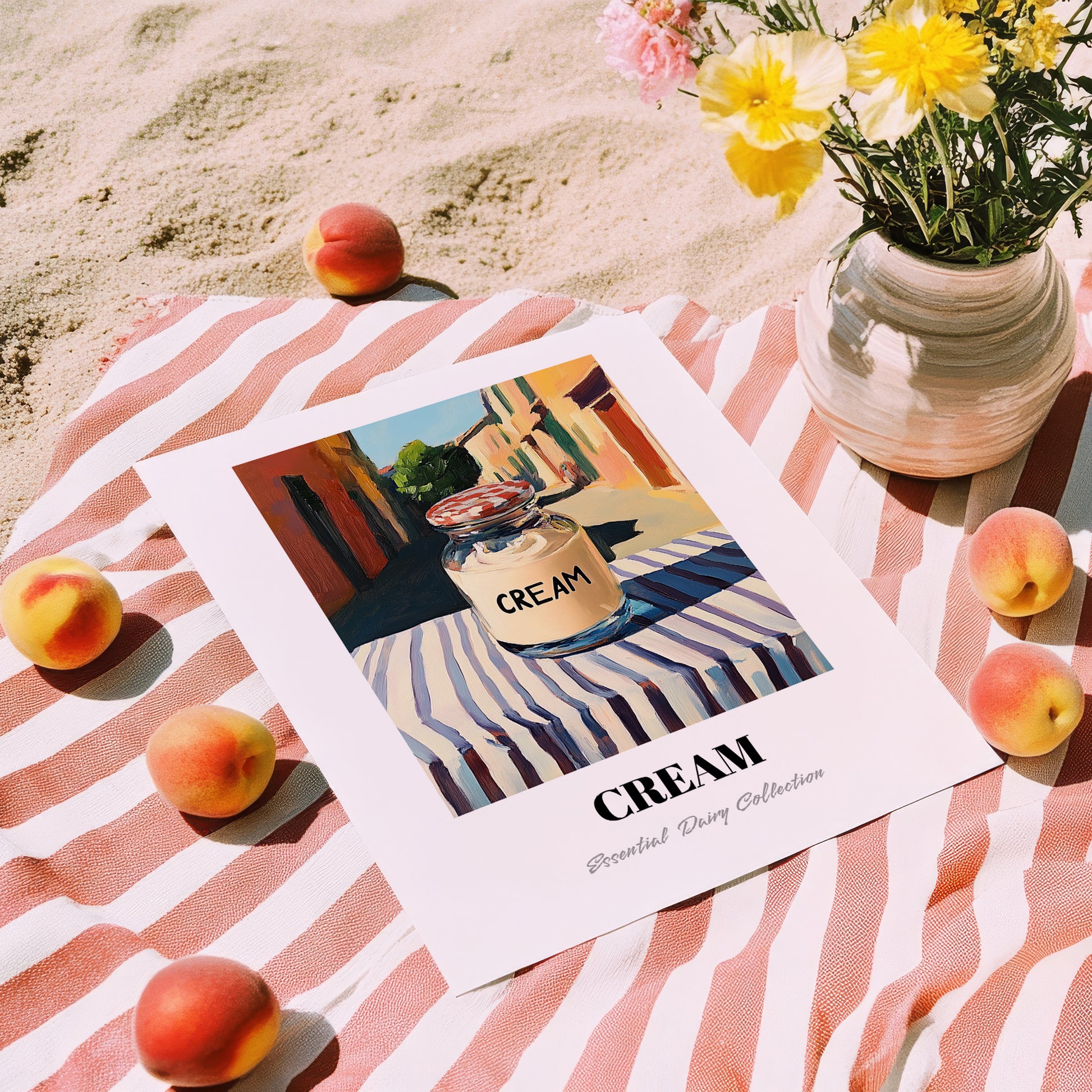 Cream – Italian Urban Café Scene, Dairy Still Life, unframed on coastal sand