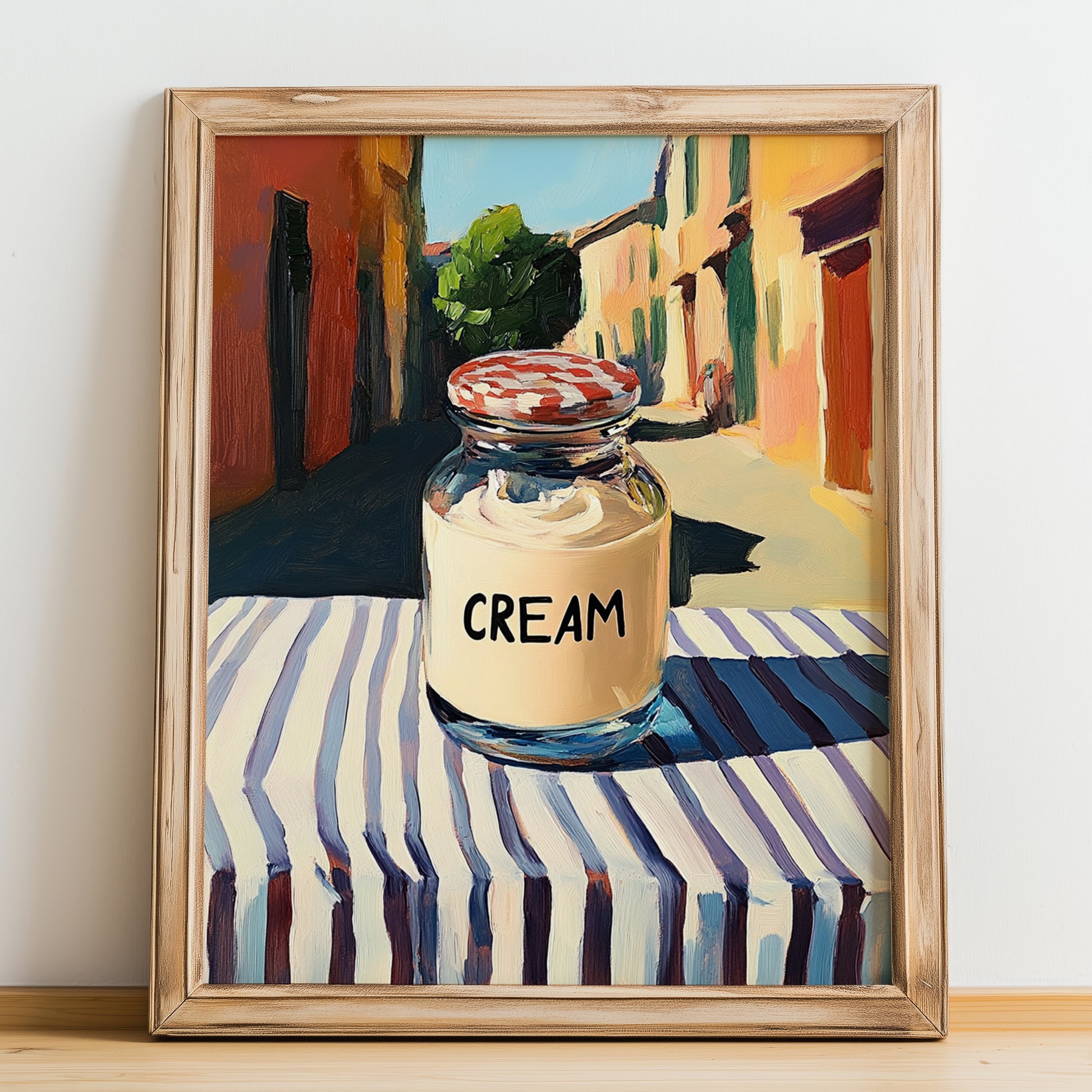 Cream – Italian Urban Café Scene, Dairy Still Life, no-text version framed in wood