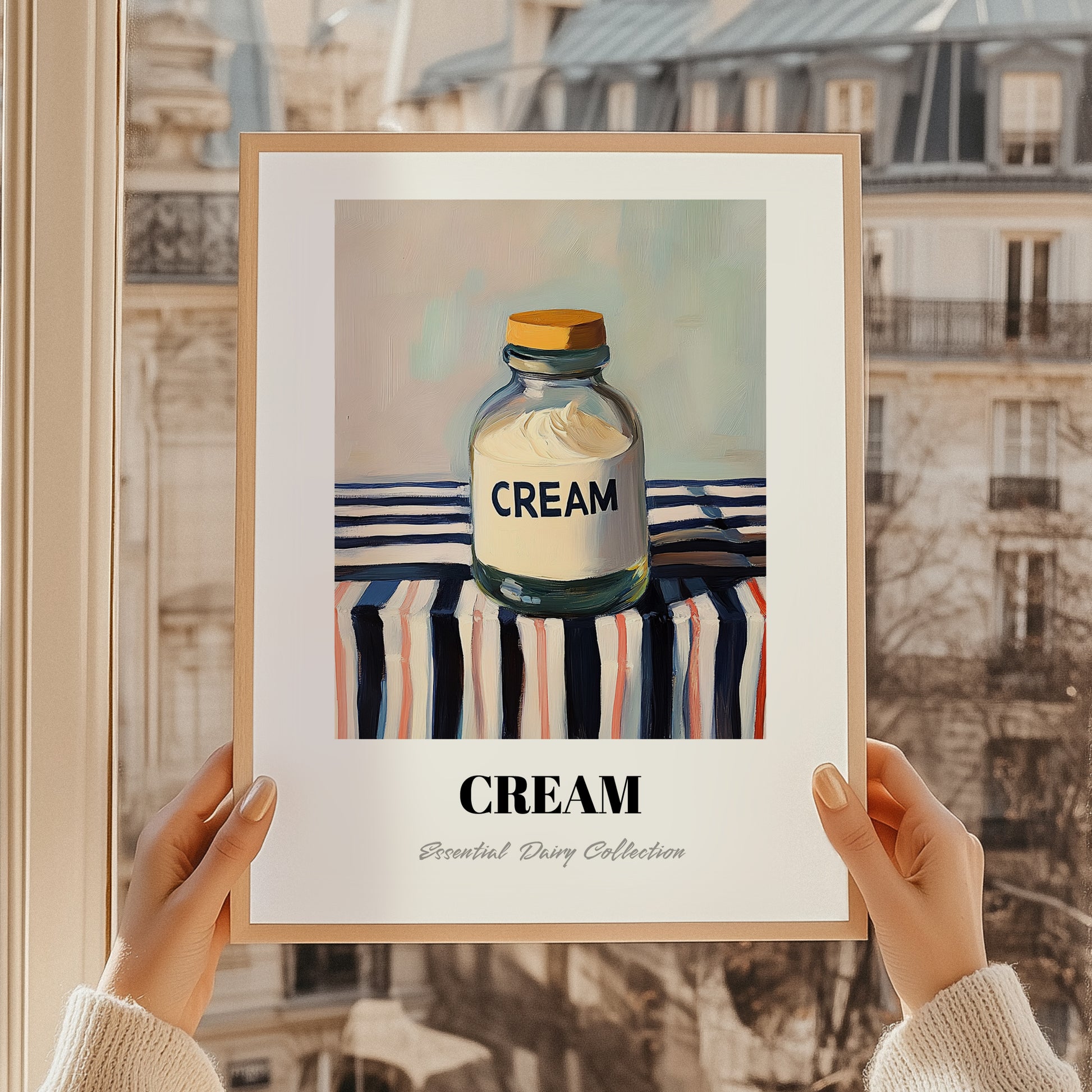Cream – on Striped Tablecloth, Dairy Print, styled in a charming Paris street view