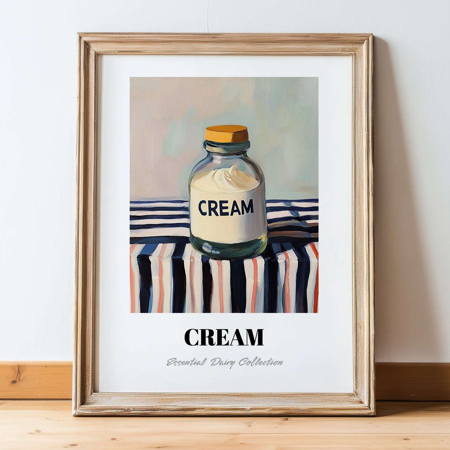Cream – on Striped Tablecloth, Dairy Print, in wooden frame leaning on the floor