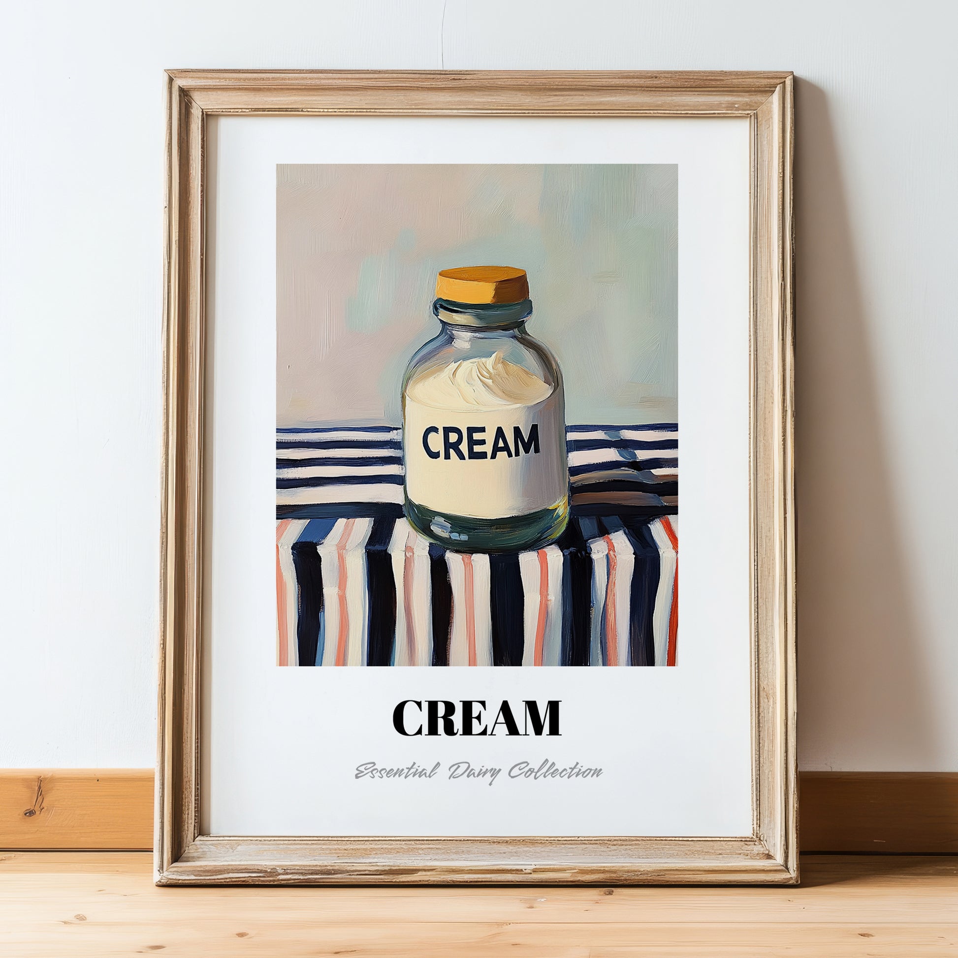 Cream – on Striped Tablecloth, Dairy Print, in wooden frame leaning on the floor
