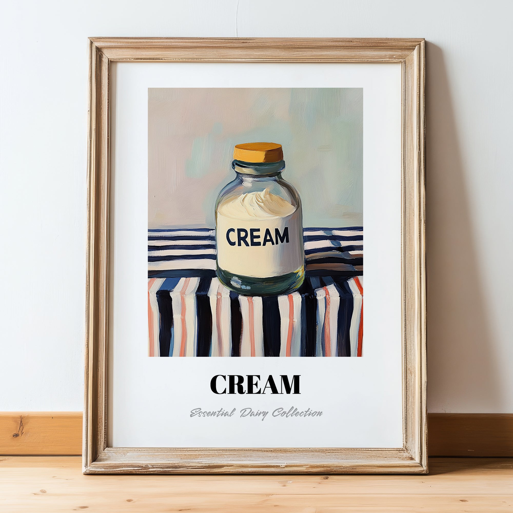Cream – on Striped Tablecloth, Dairy Print, in wooden frame leaning on the floor