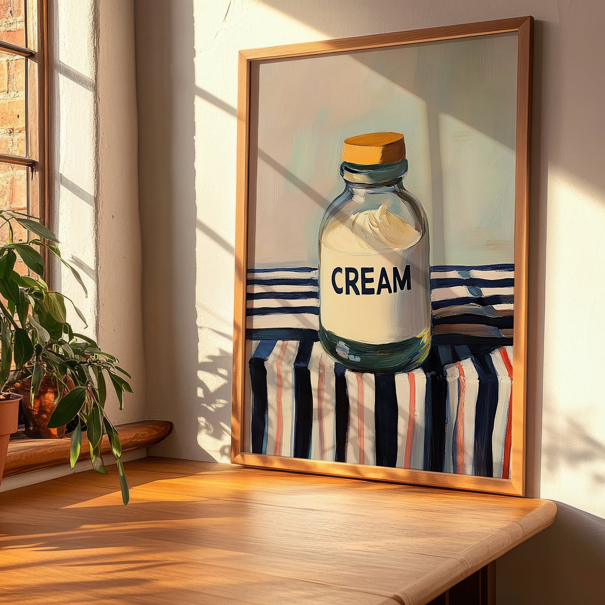 Cream – on Striped Tablecloth, Dairy Print, clean layout with no caption