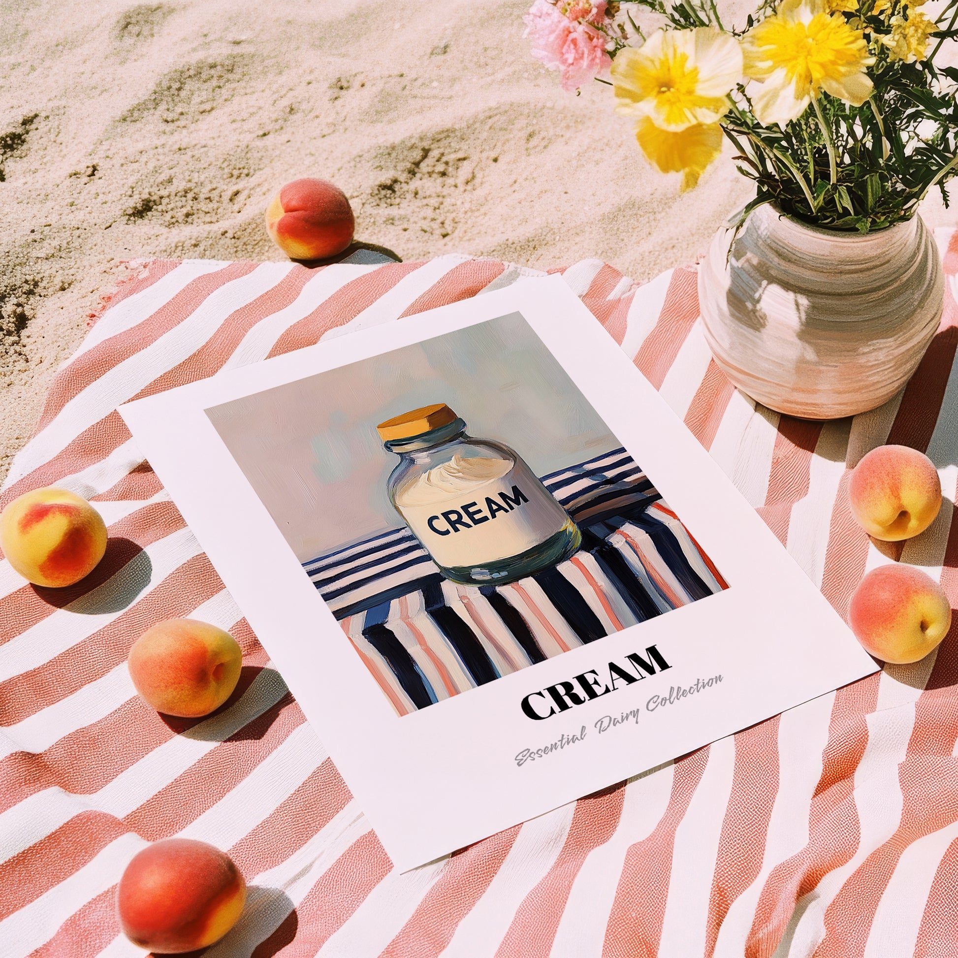 Cream – on Striped Tablecloth, Dairy Print, unframed on coastal sand