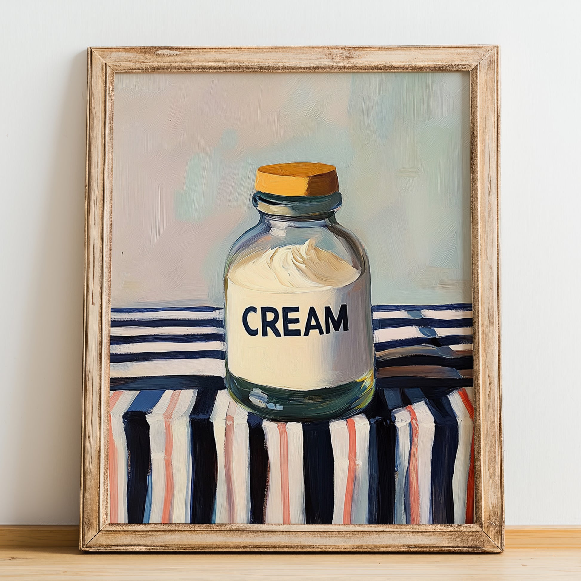 Cream – on Striped Tablecloth, Dairy Print, no-text version framed in wood
